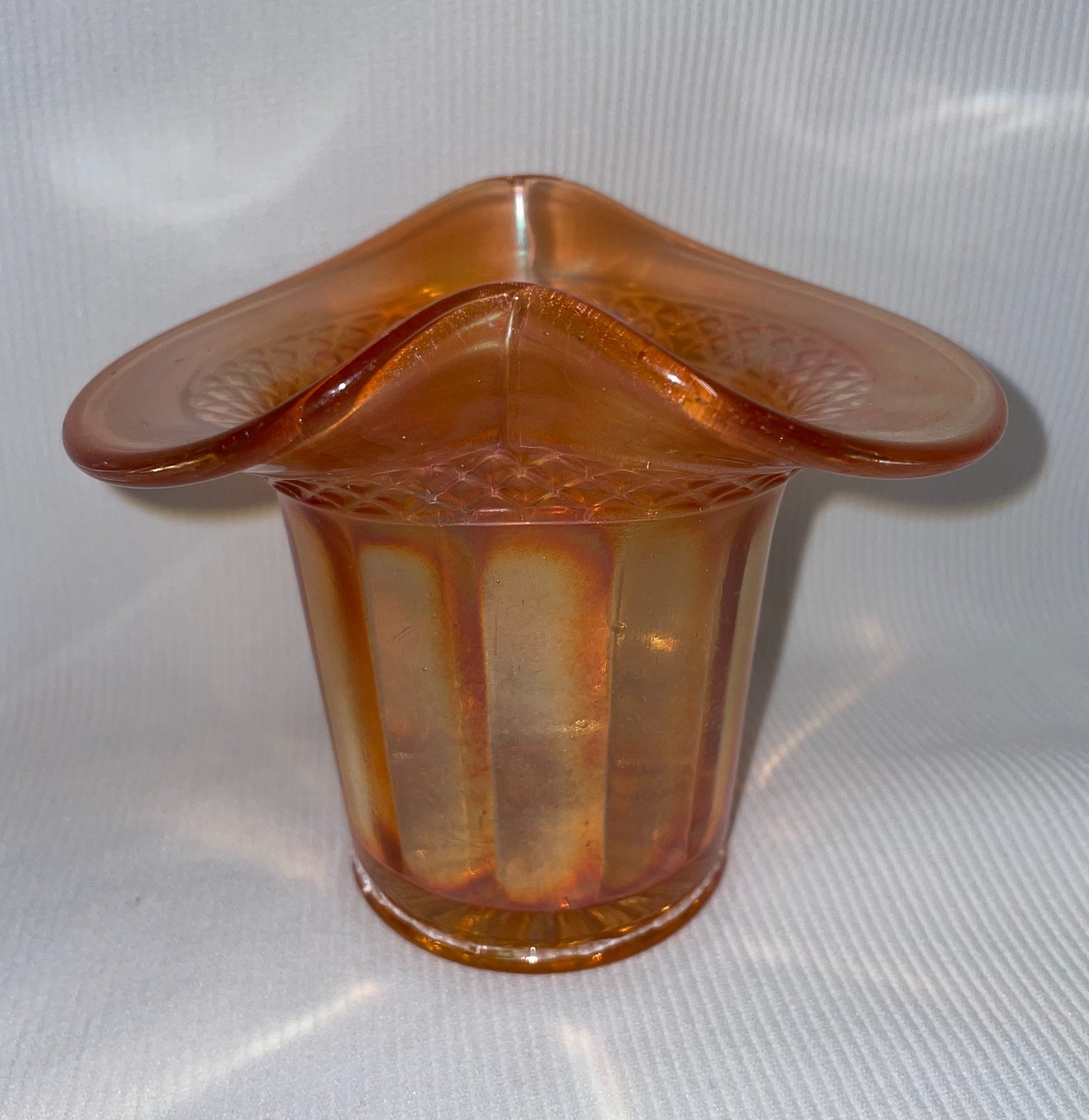 Dugan Glass Hat Vase in Marigold Carnival Glass 4 inches High