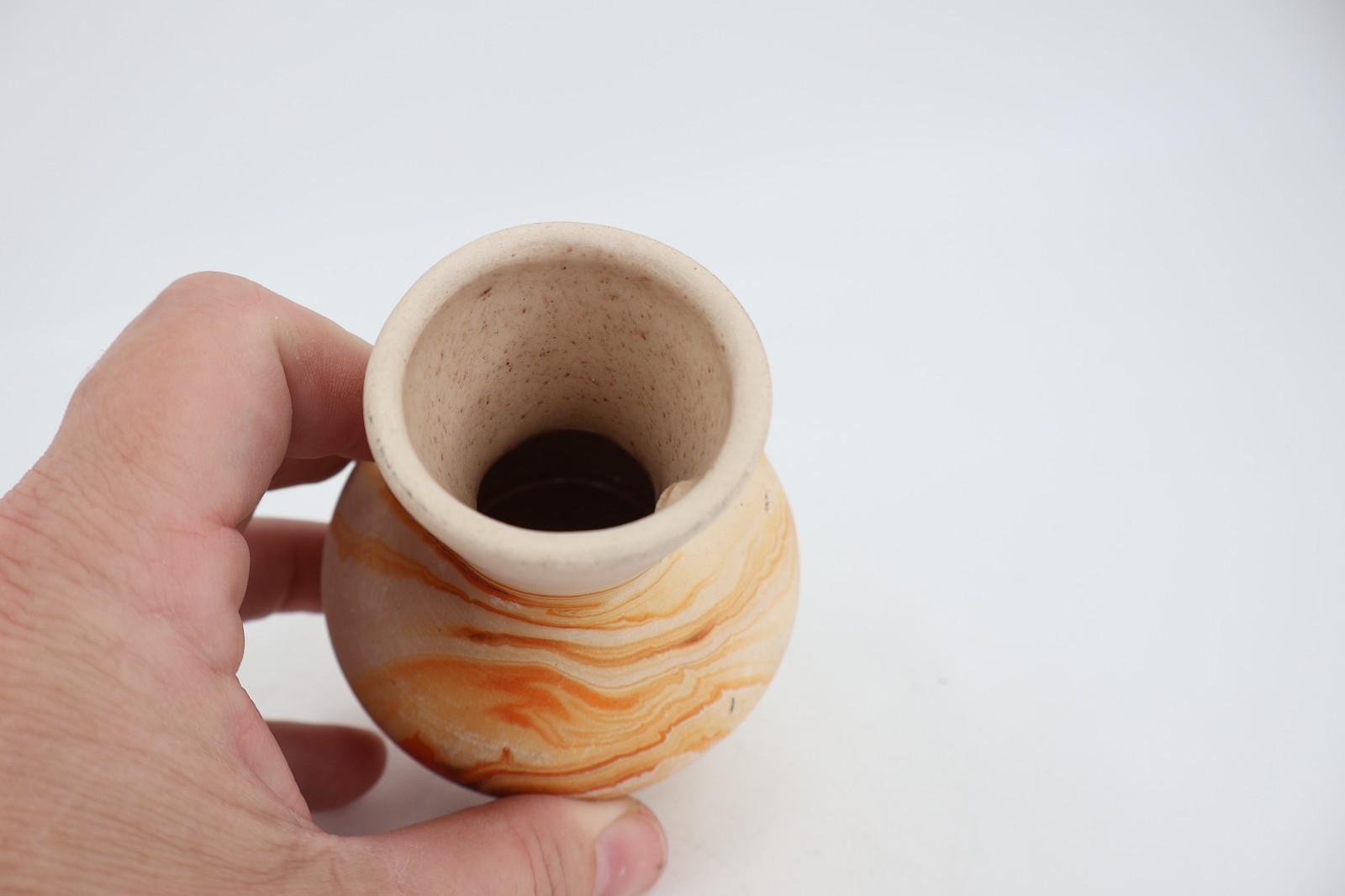 Vintage Nemadji Hand Made Orange Red Swirl Pottery Vase 3.5″ Inch Marked