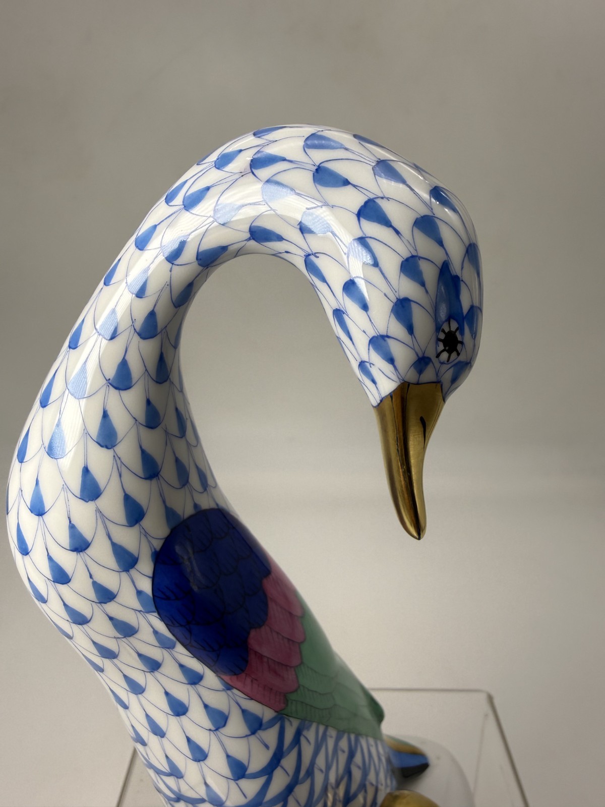 Exquisite Herend Porcelain Goose with Golden Egg In Fishnet Blue Hand Made
