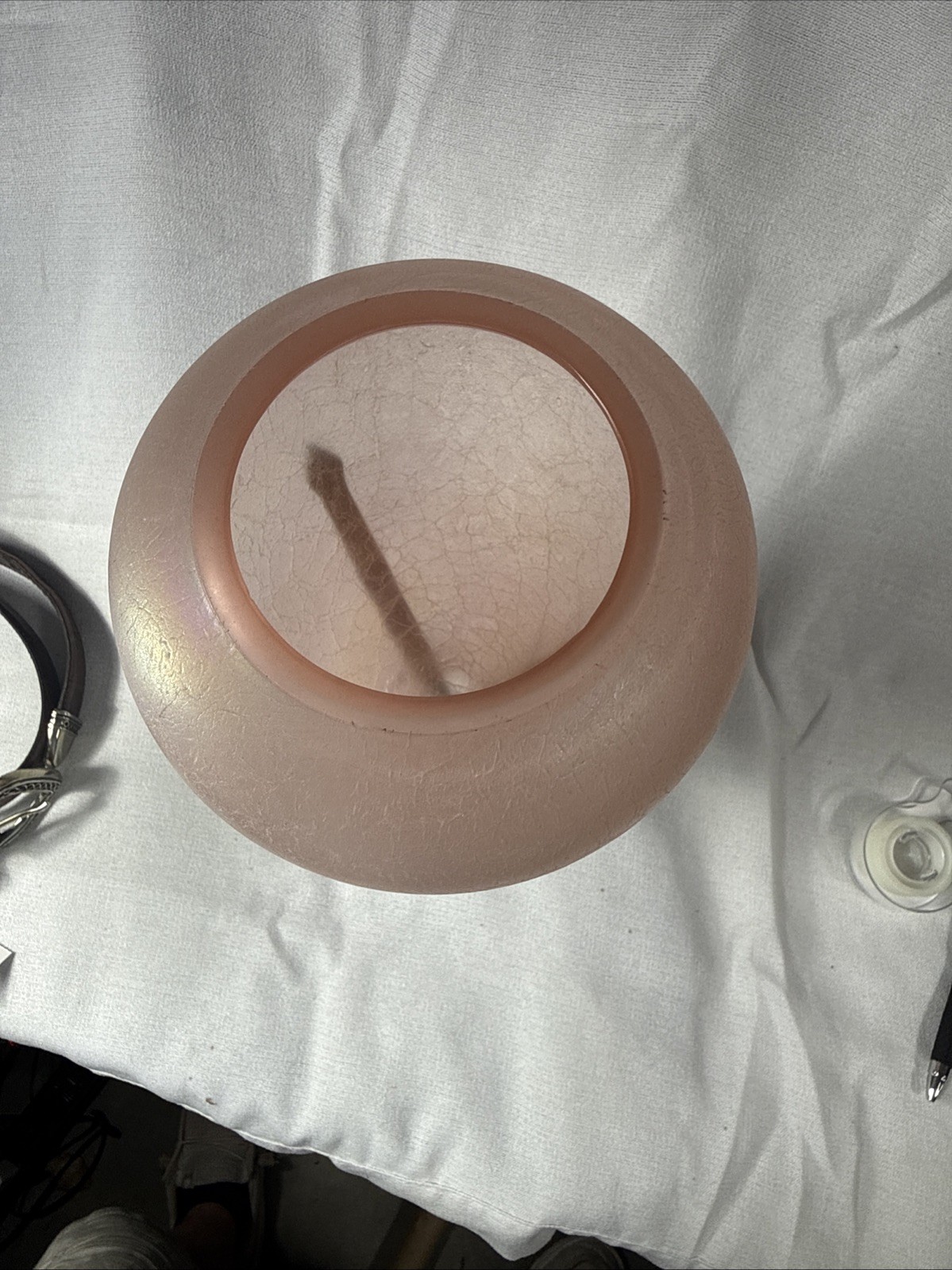 Art Deco art glass amphora vase iridescent pink with bronze tri stand. H 13 1/2