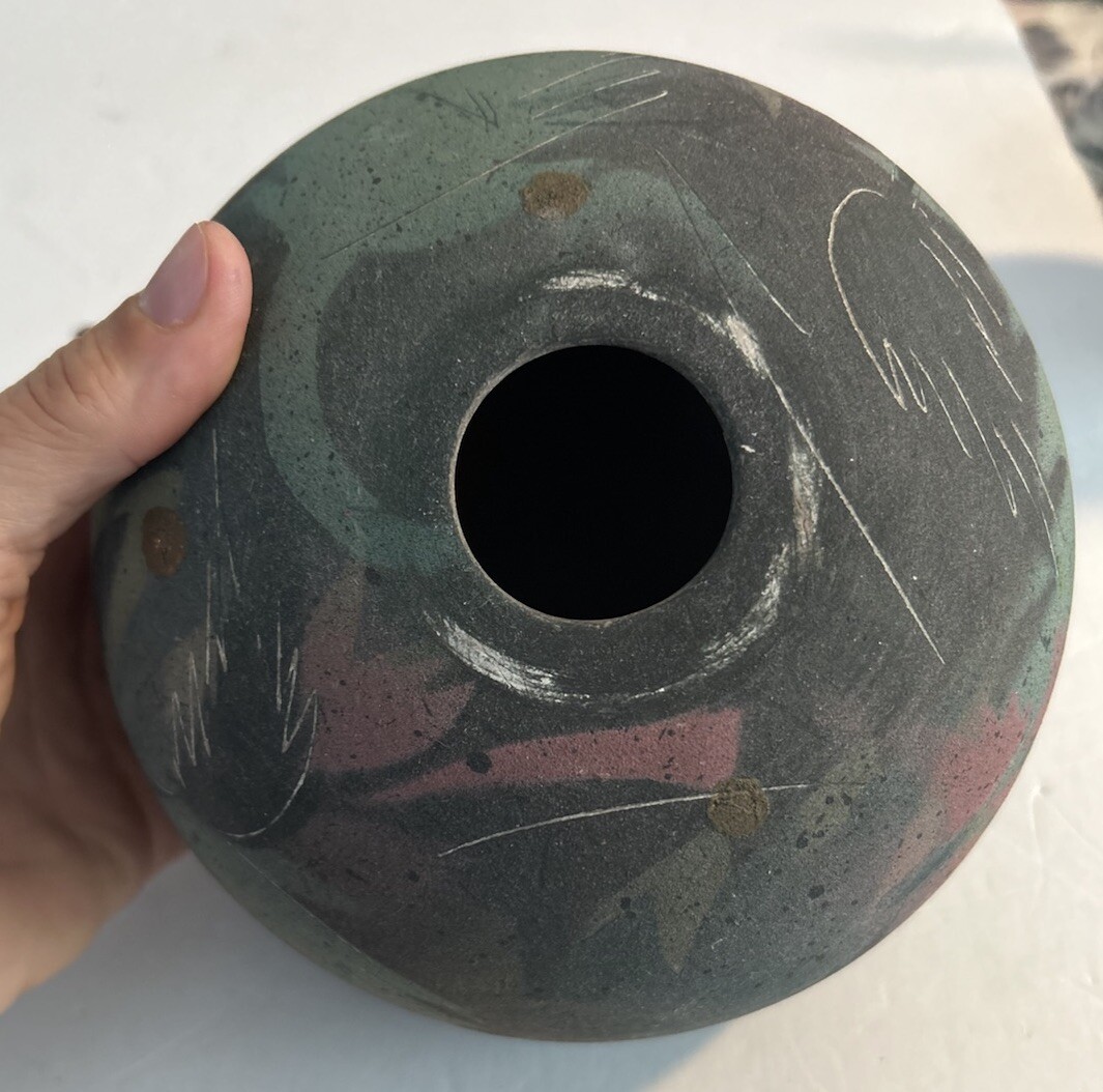 Raku Pottery Laura Ross Black Multi Color Abstract Pottery Vessel w Lid Signed