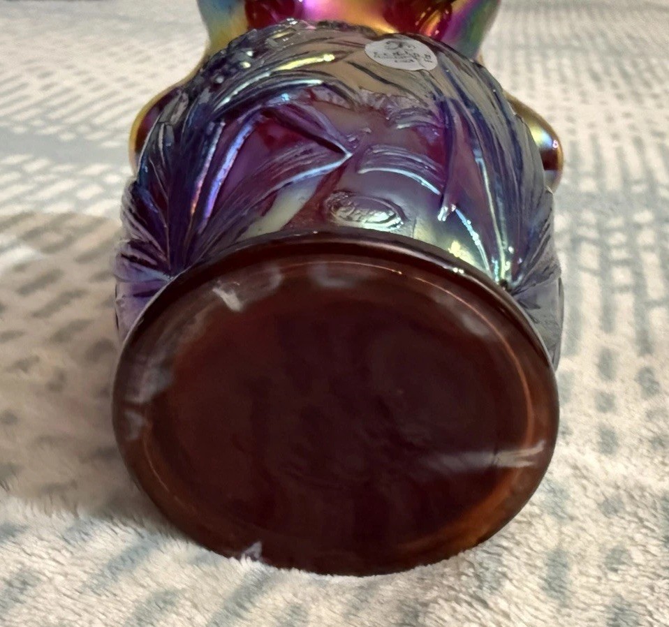 Fenton Iridescent Carnival Daffodil Vase Ruffled Ruby Red Plum 5” USA *GREAT*