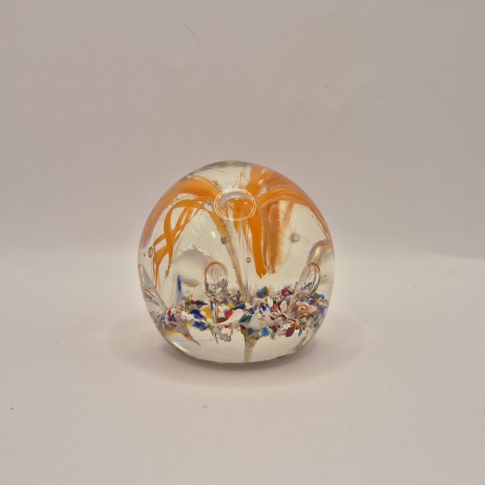Art Glass Crystal Paperweight with Confetti Flower, Unsigned