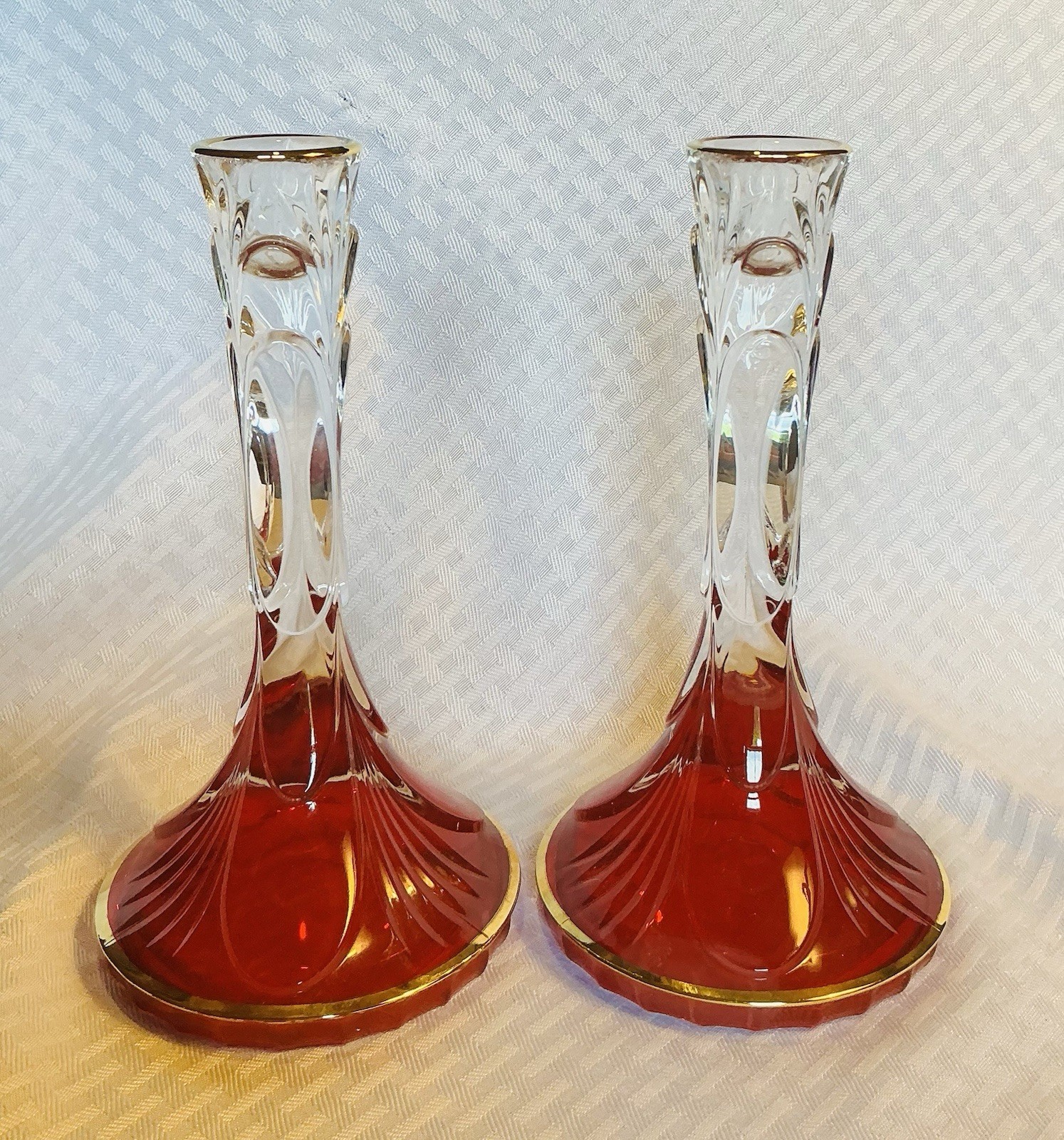 Pair SC Line Italy 24% Lead Crystal Clear & Red W/ Gold Trim Candle Holder