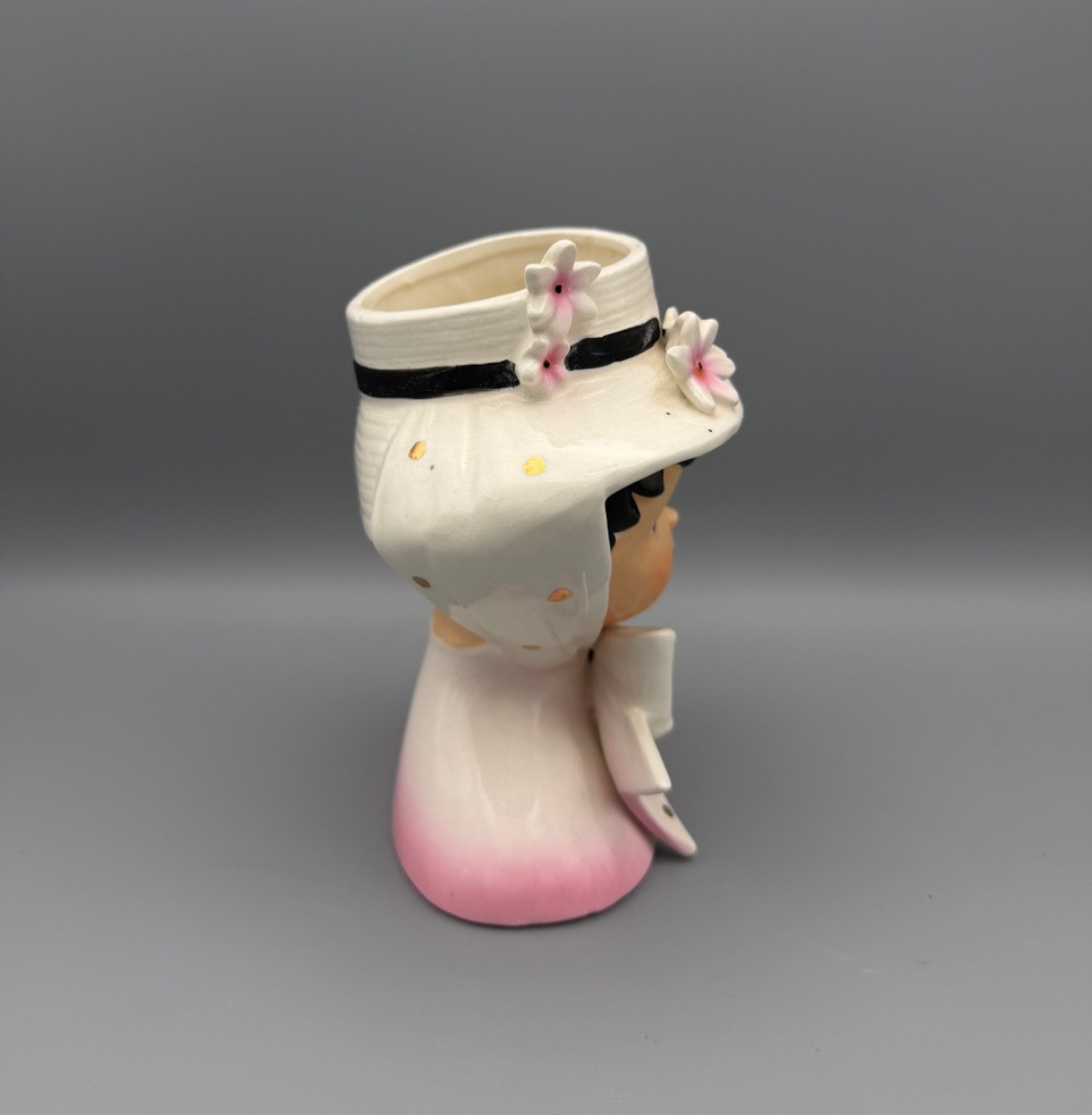 VINTAGE 1950s Relpo Pink & White Little Miss Head Vase w/ Flowers K1096