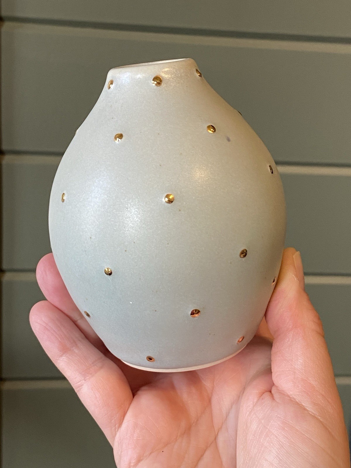 JOANNA Studio Pottery Weed Pot Bud Vase Robins Egg Blue Gold Polka Dots Unique