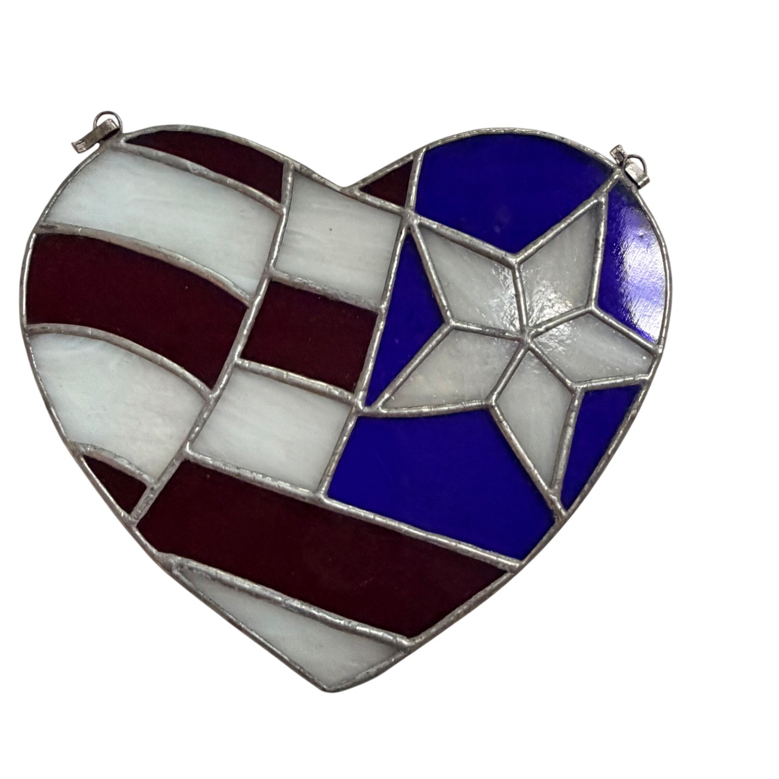 Patriotic American Flag Stained Glass Heart Suncatcher Star Stripes Red White