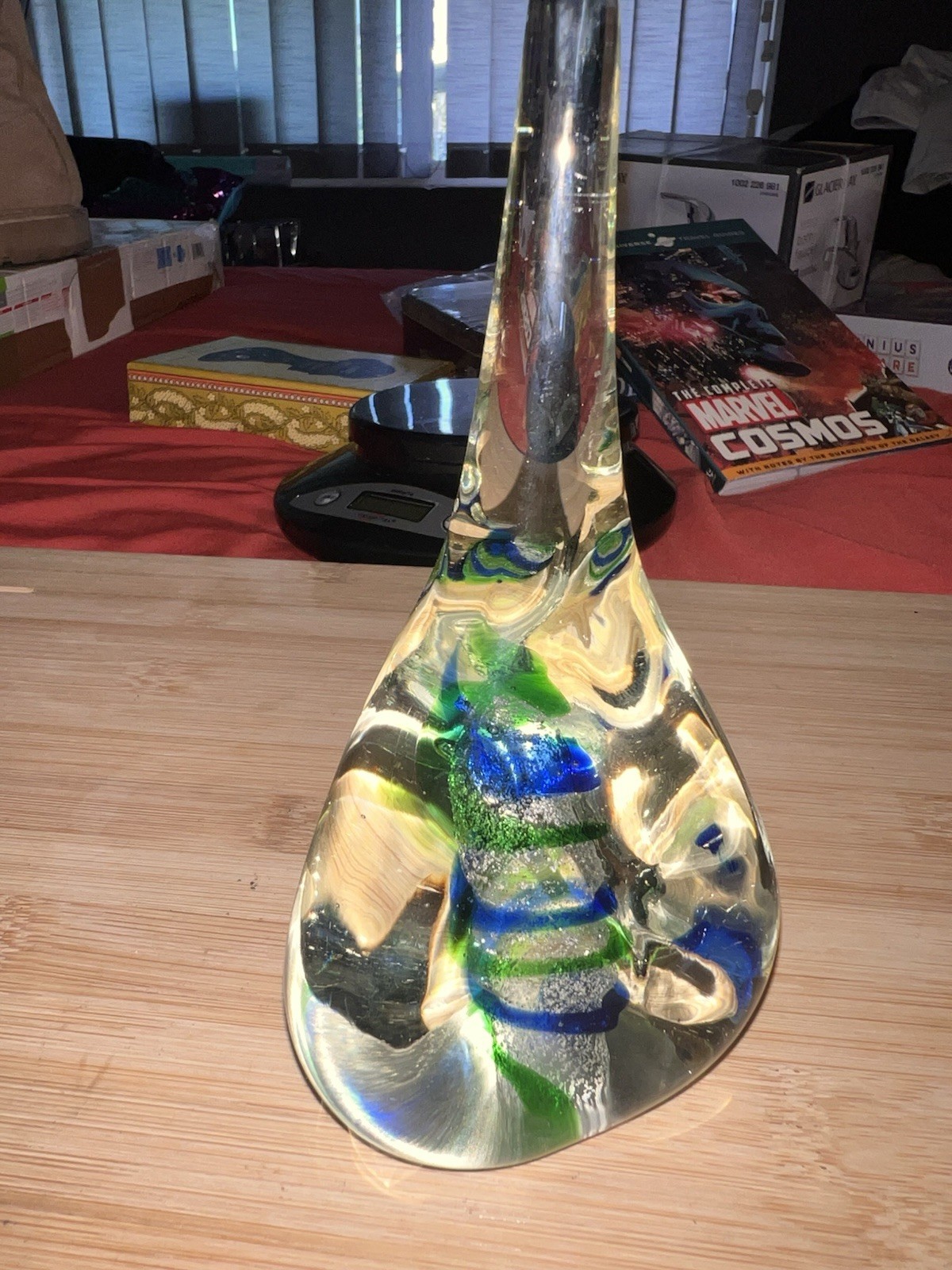 Hand Blown Art Glass Sculpture Abstract Blue Green Clear 3D Effect 6.5 in