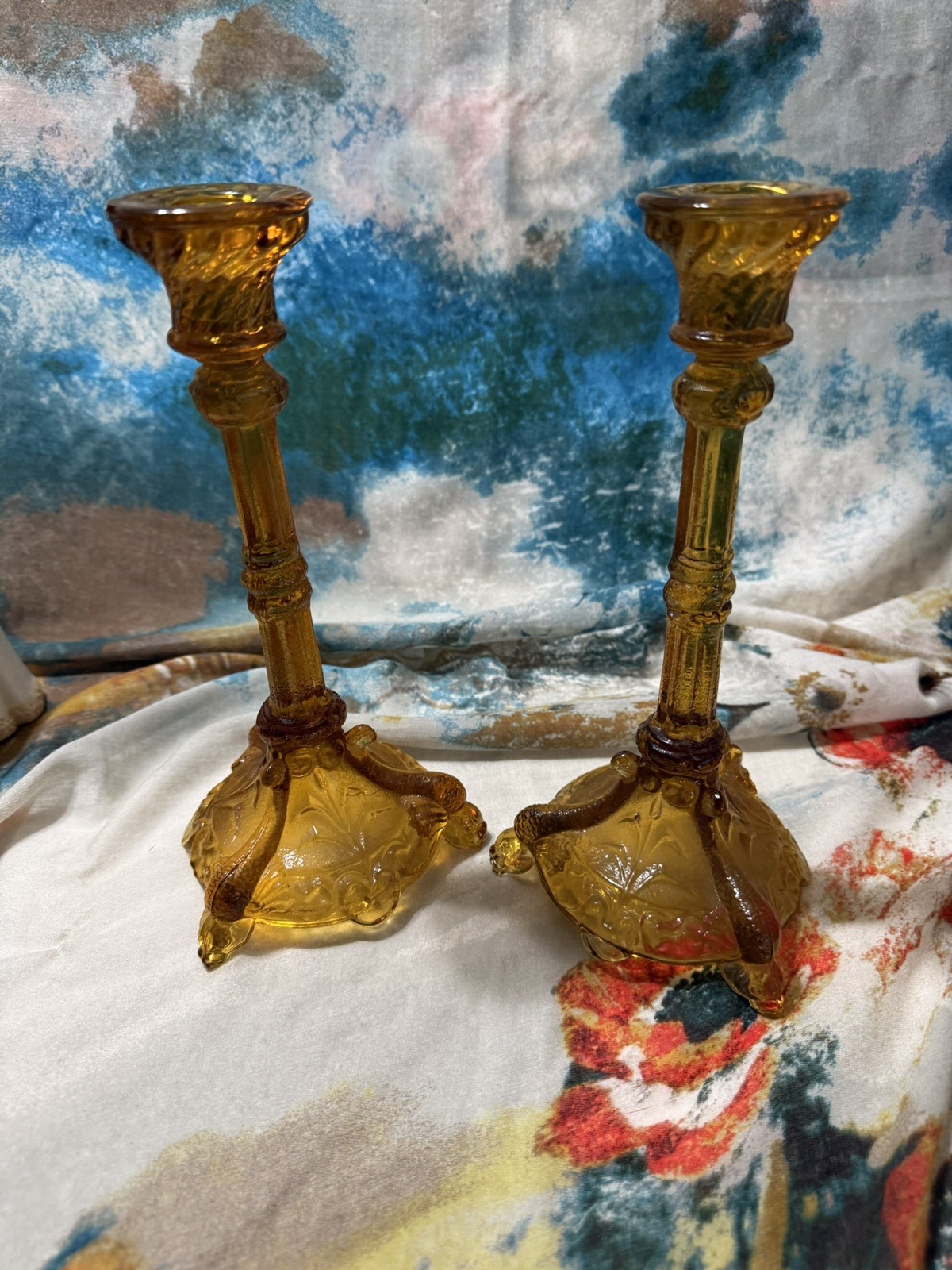 Vallerysthal Portieux Bavards Amber 9.25″ Candlesticks With Chained Prisms