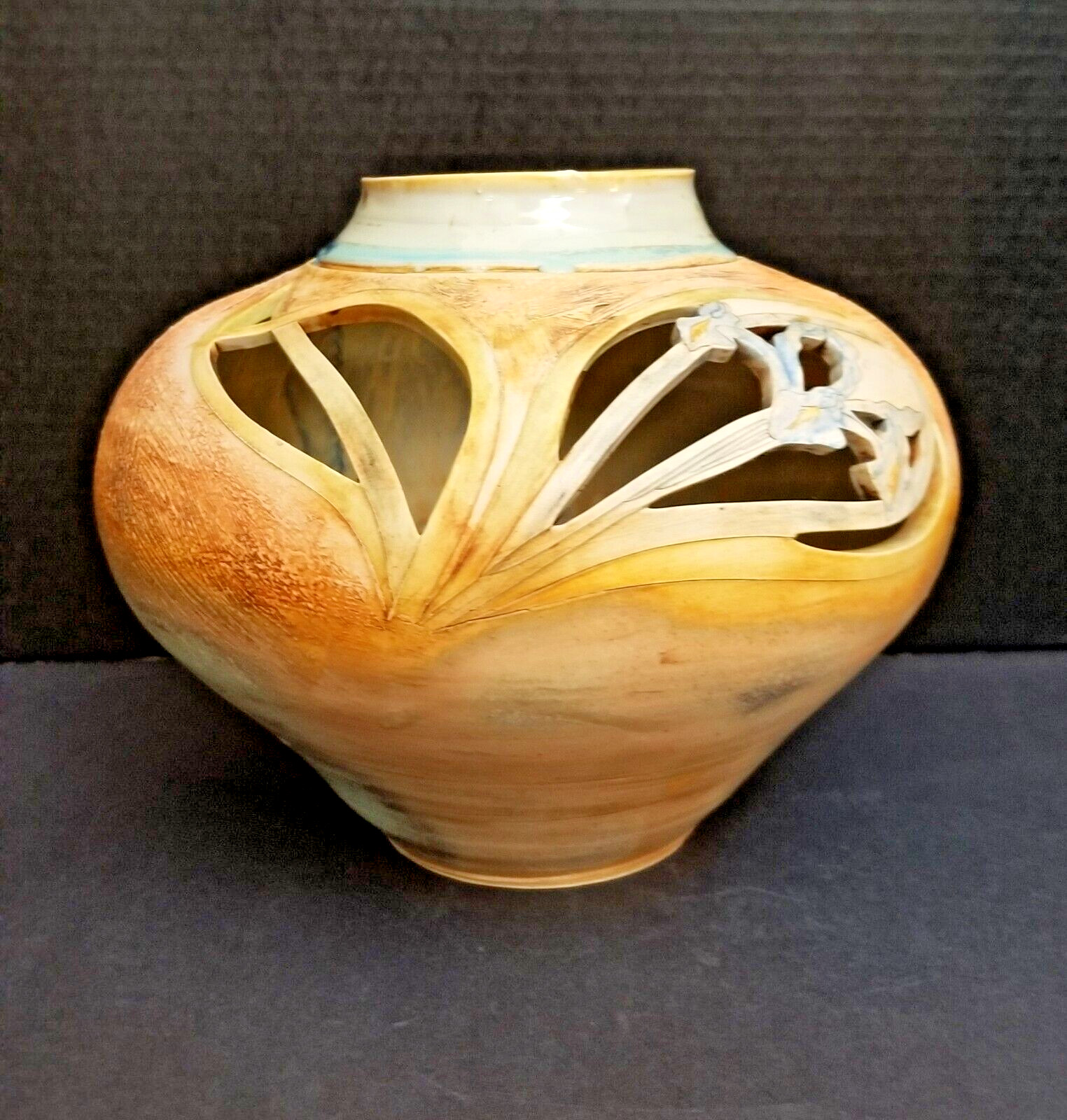 Iris Vase, Signed by Artist Robert Finn. Large. Heavy. 1980s, 9″ High x 10″ Wide