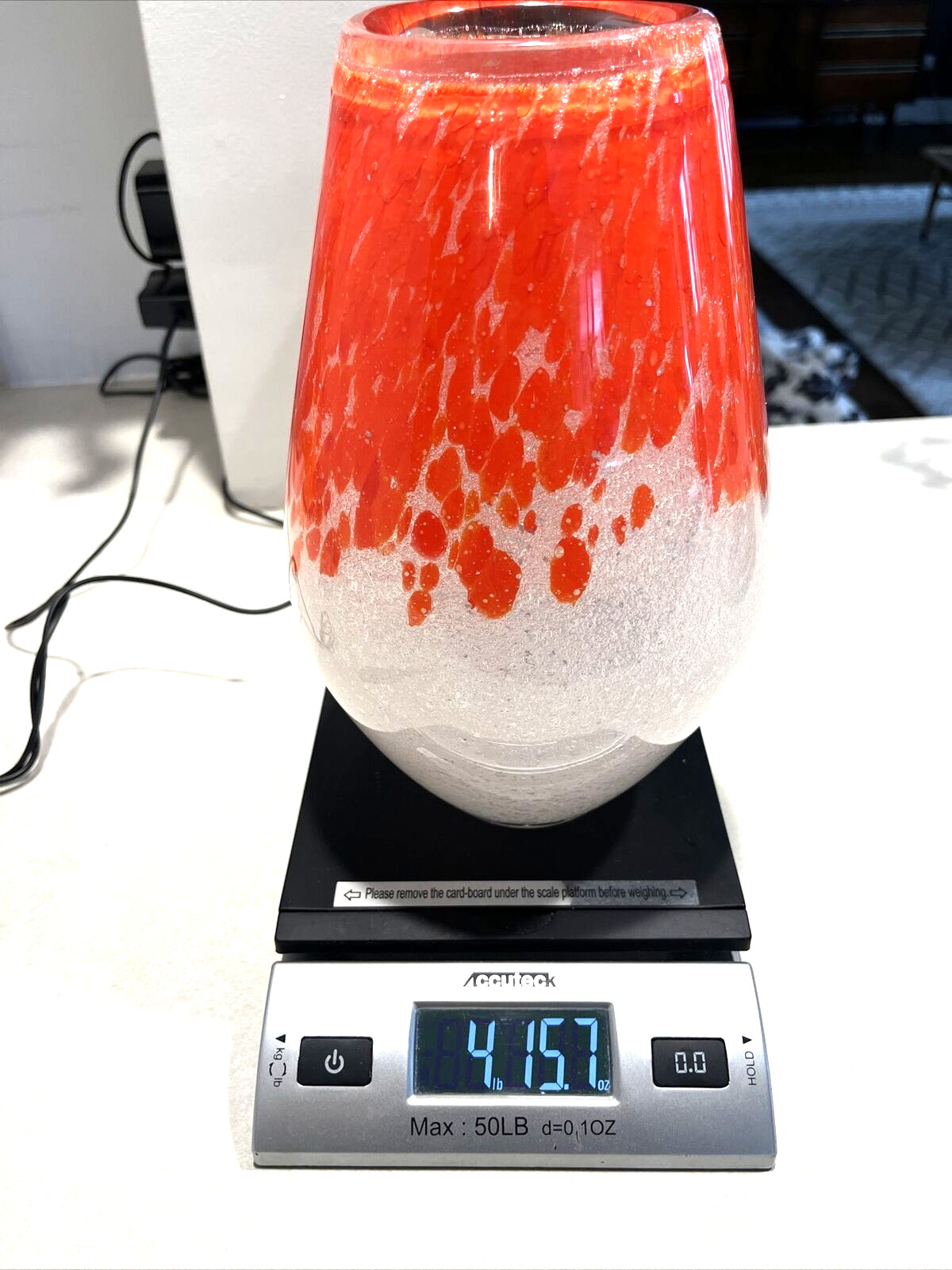 Studio Art Glass Hand Blown Glass Vase 5lb Speckled White Polished Pontil 9.5”