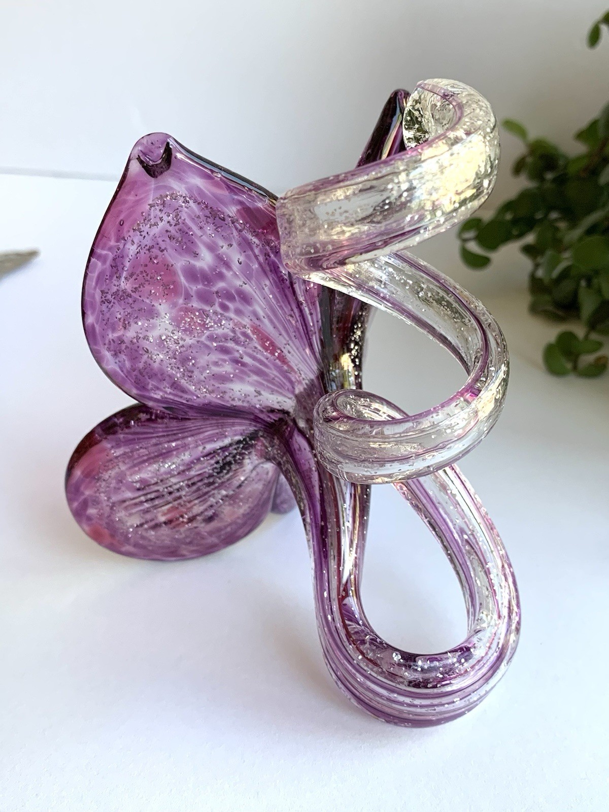 Vintage Murano Italy Handblown Art Glass Purple Pink Flower Glitter Petal Twist