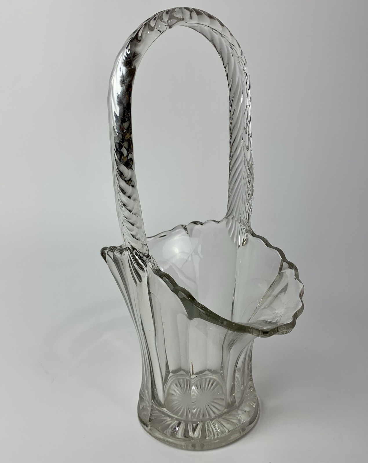 Vintage Clear Glass Bride Basket – Scalloped Edges, Textured Handle – 9.5 inches