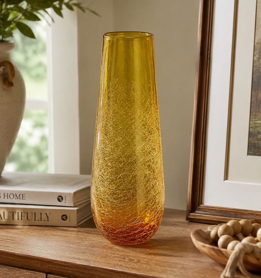 Amber Crackle Glass Tall Bud Vase Mid Century Modern Boho Art Glass Decor
