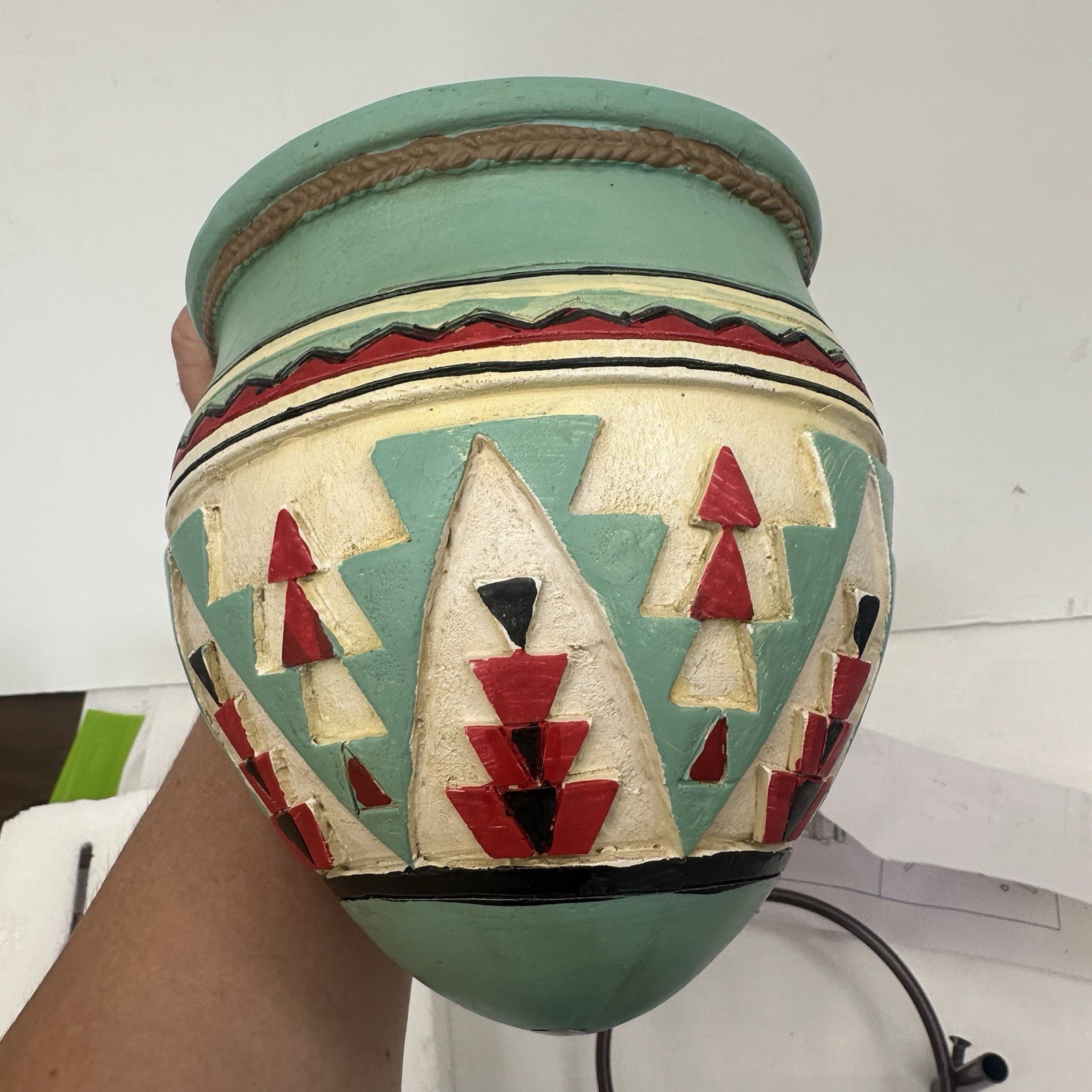 Art Pottery Planter Aztech Red Turquoise Native American 10″ Tall On Stand