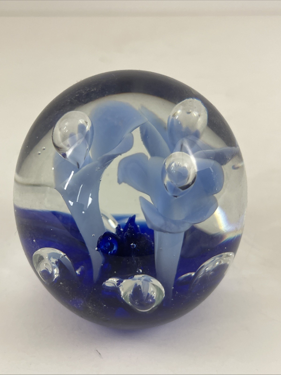 Vintage Art Glass Blue Trumpet Flower And Bubbles Paperweight