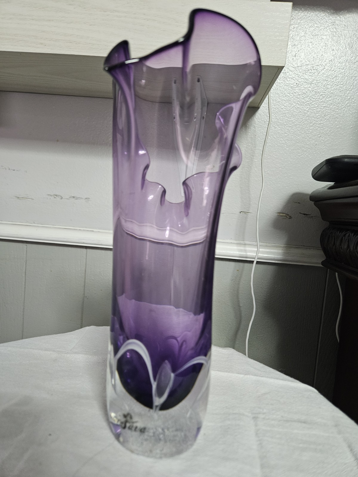 OOAK Polish Hand Blown Free Form Purple Art Glass Vase Signed Adam Jablonski NIB