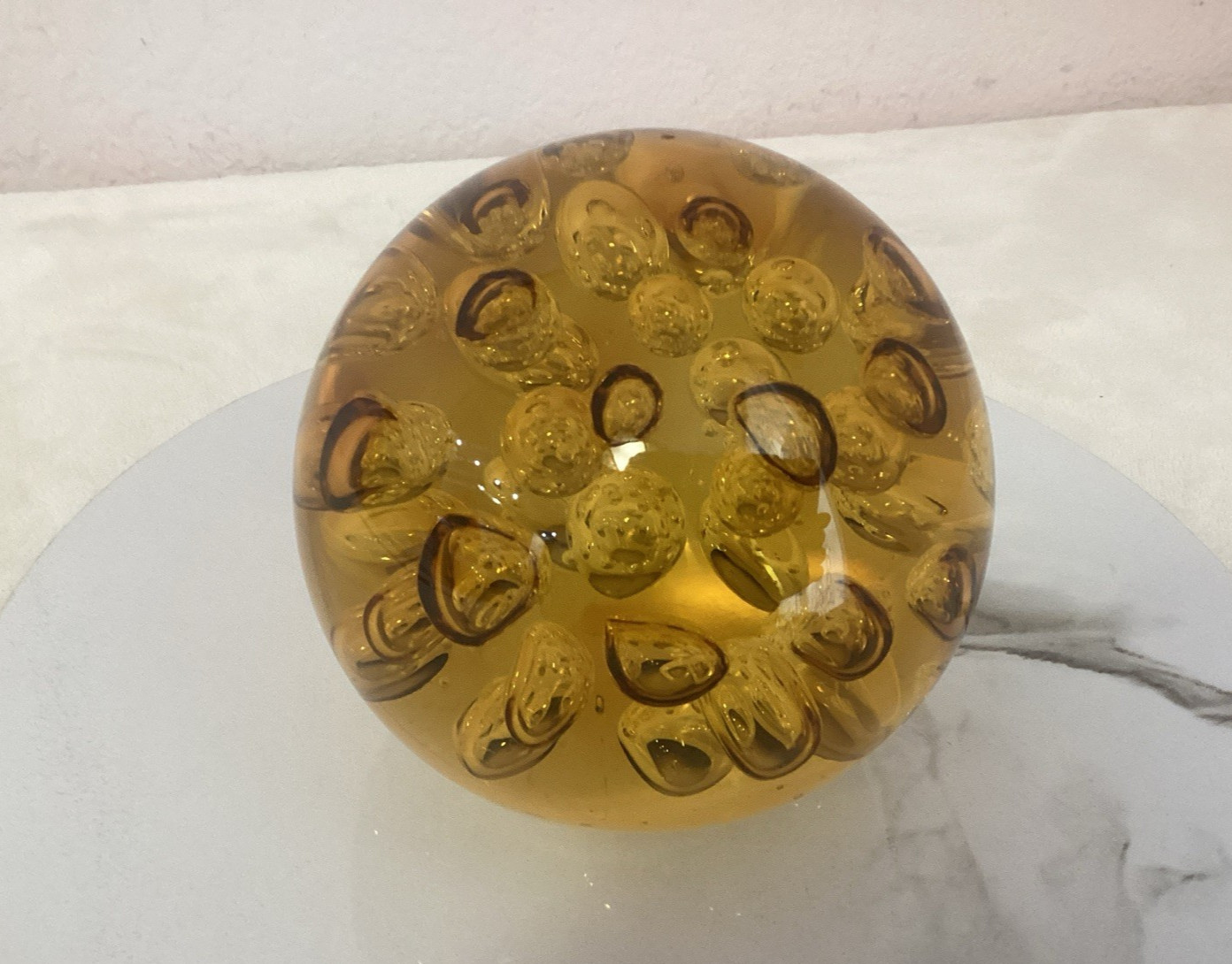 VTG 5” Murano Amber Art Glass Sphere Ball Paperweight Controlled Bubbles 4 lbs