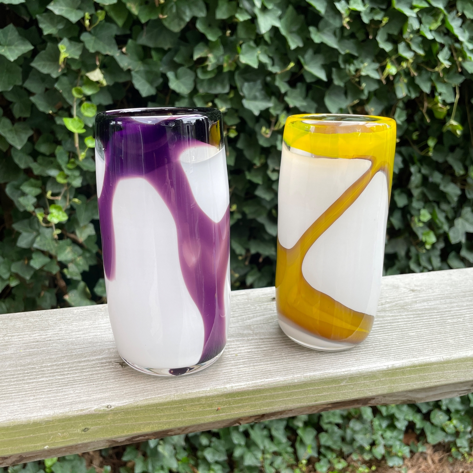 2 – 6.5″ Vintage Yellow Purple Boar Art Studio Made Hand Blown Glass Vases 2002
