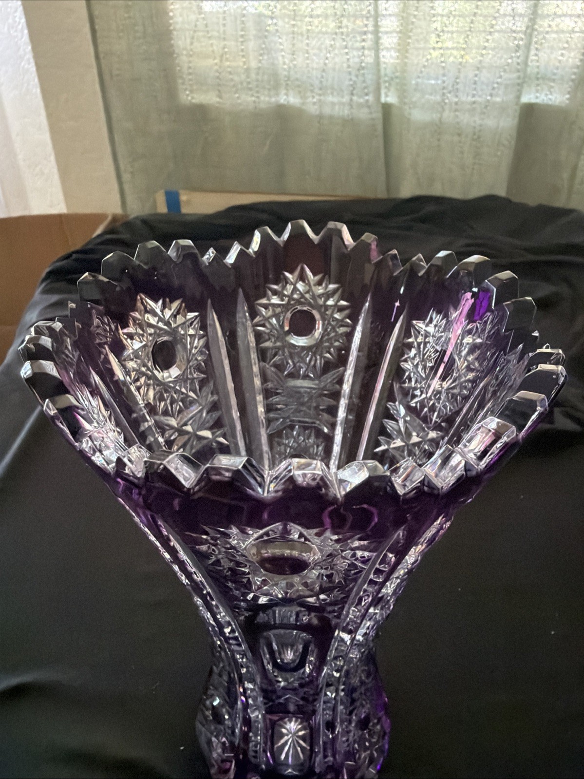 Vintage Czech Bohemian Vase Amethyst Cut To Clear Jagged Glass Art Deco 8in