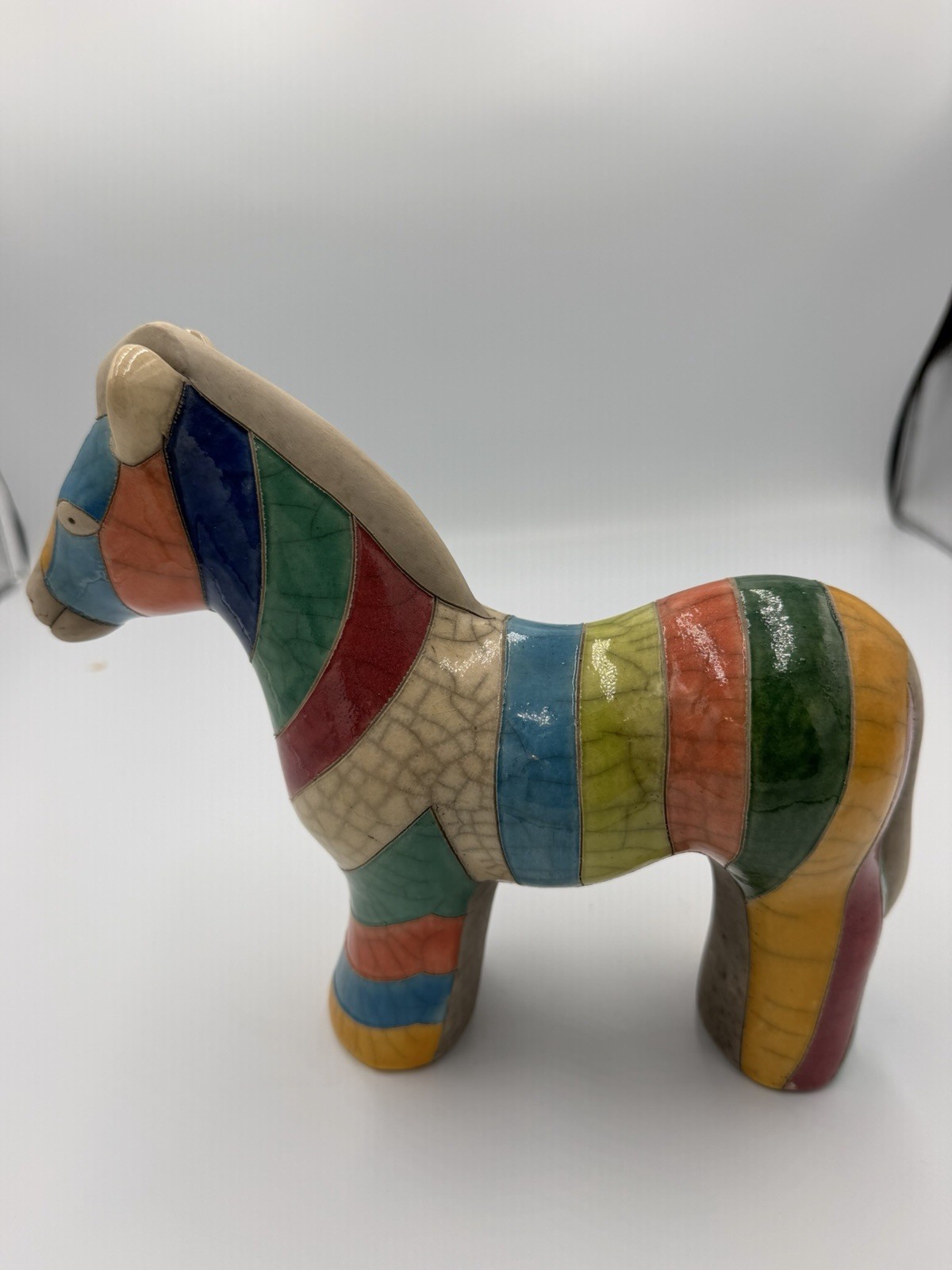 Studio Art Pottery Raku Horse Figurine Colorful Patchwork Ceramic Signed 8”
