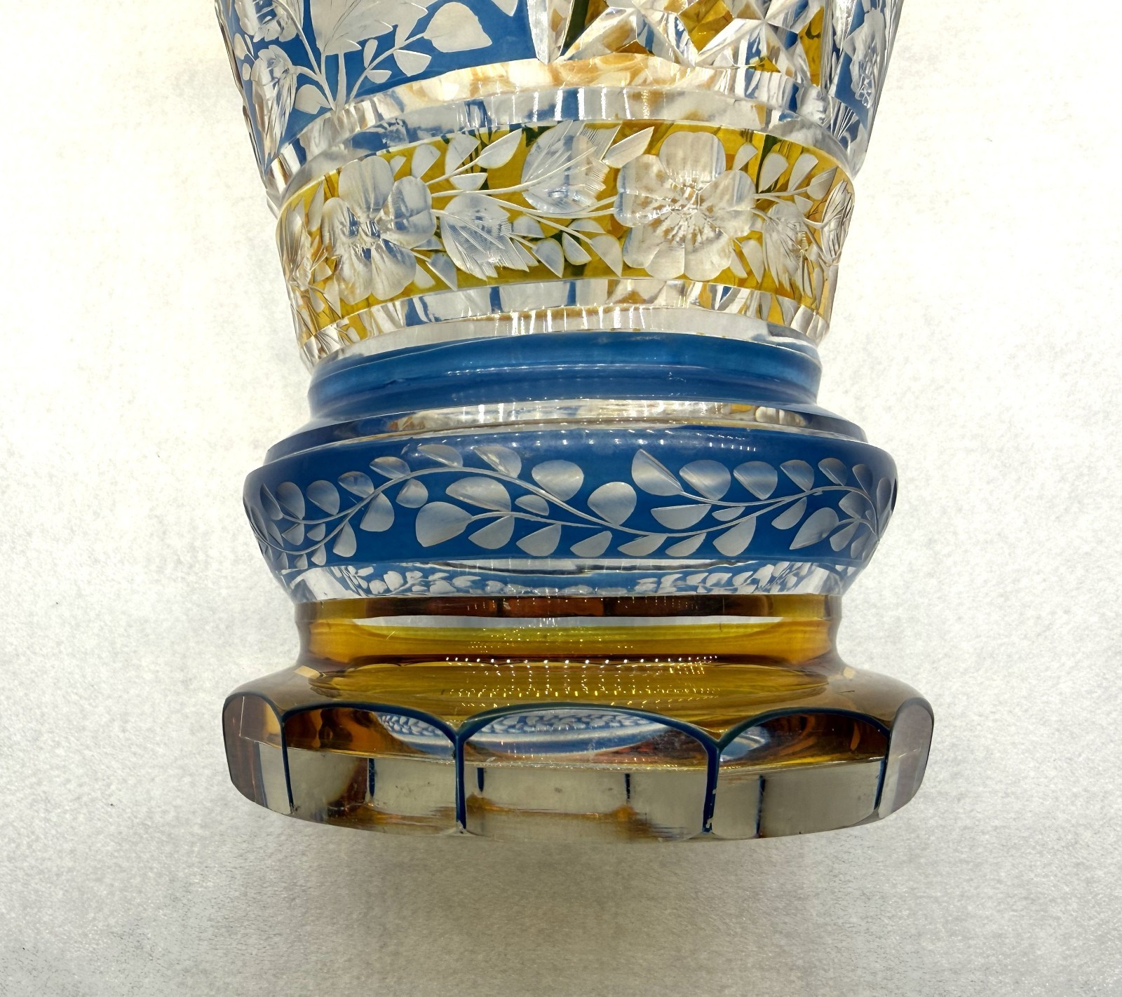 Vintage bohemian Cut To Clear crystal vase Amber Blue Yellow Floral