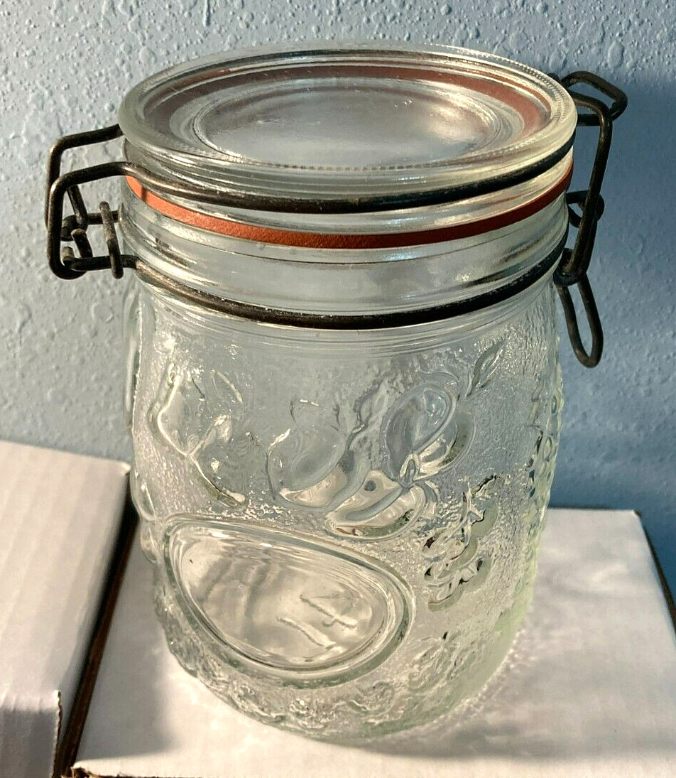 Vintage Clear Glass Decorated Jar/Canister w/ Fruit Pattern w/Original Seal-4×6″