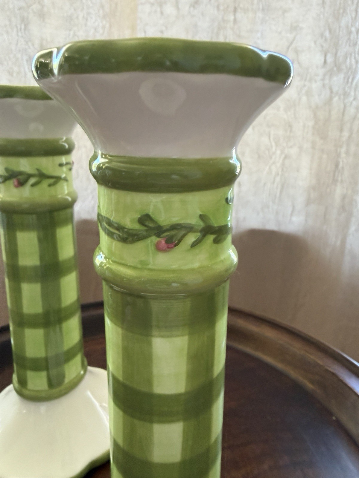 Winterthur Ceramic Taper Candle Holders Pair Green White Check Vintage 1998 9in