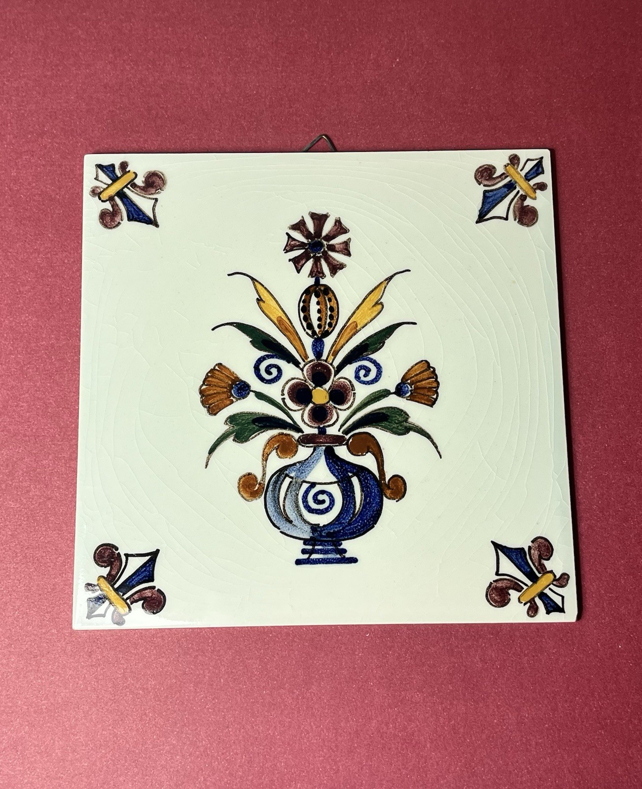 Vintage De Delftse Pauw D.P. Delft Tile 6” Hand Painted Polychrome Floral Signed