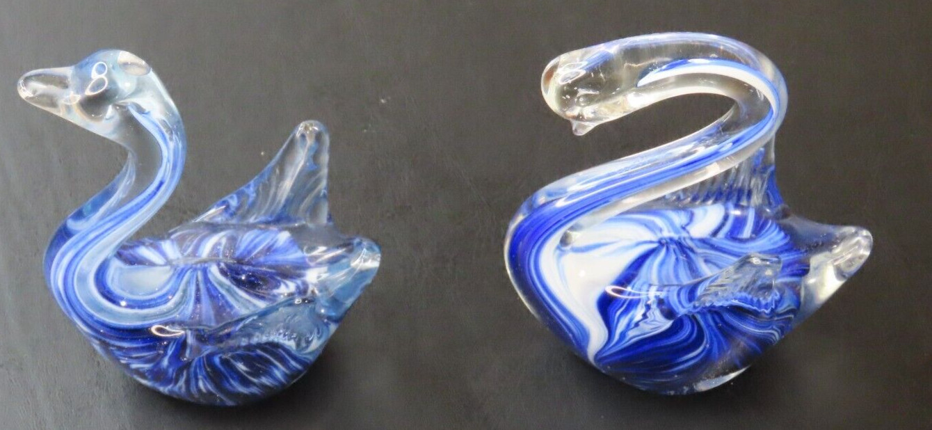 Clear Glass Swans with Blue and White Swirls 5.5″ Figurines Paperweight Set of 2