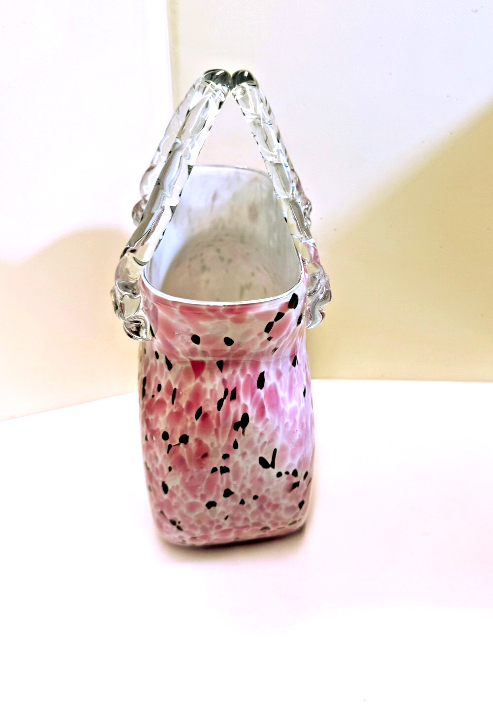 ARTISTIC GLASS BASKET VASE CLEAR ROPE HANDLE MULTI PINK WHITE BLACK 10-1/2″ TALL