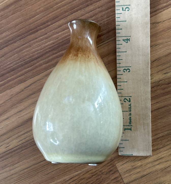 Art Pottery Clay Bud Vase Brown Top & Tan Base Glazed 4 1/2”