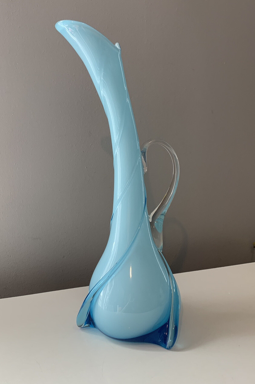 Mid Century Modern Cased Light Blue Applied Glass Spiral Pitcher Ewer Vase 15.5