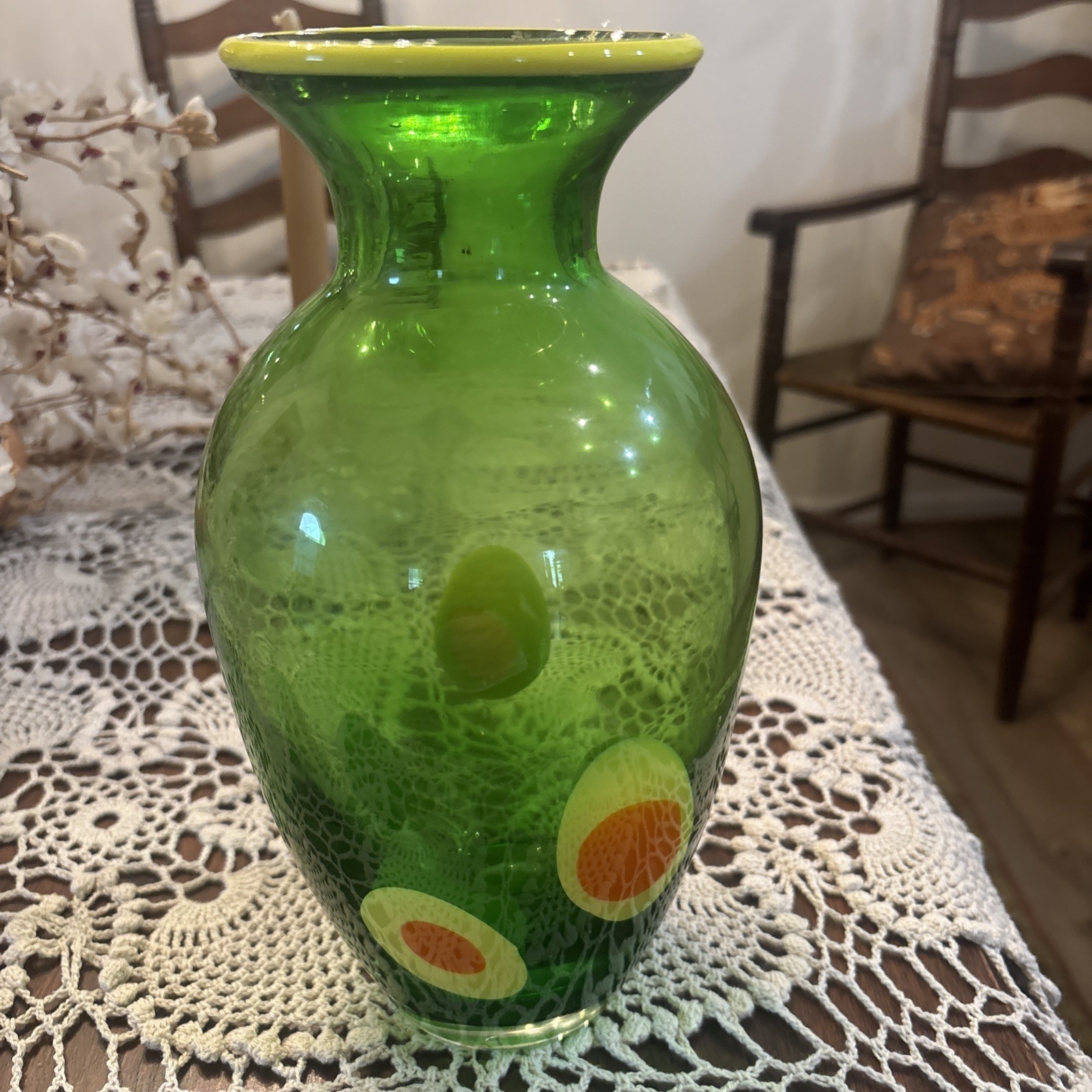 MCM Green Yellow and Orange Art glass vase 10 1/4” Tall