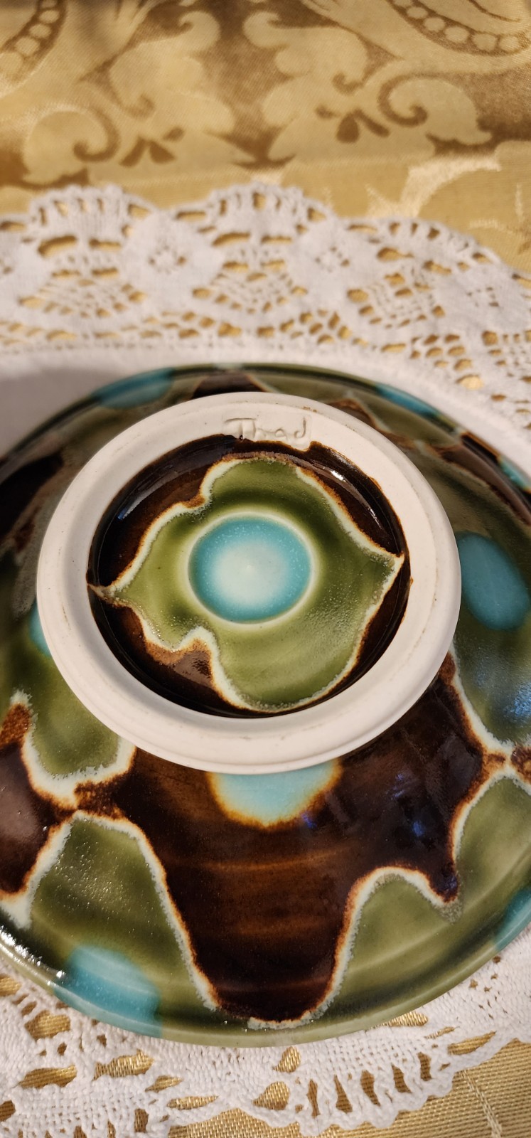 Studio Pottery By Ceramist Artist Thad A Drip Glaze Blue Green Brown Mug/Saucer