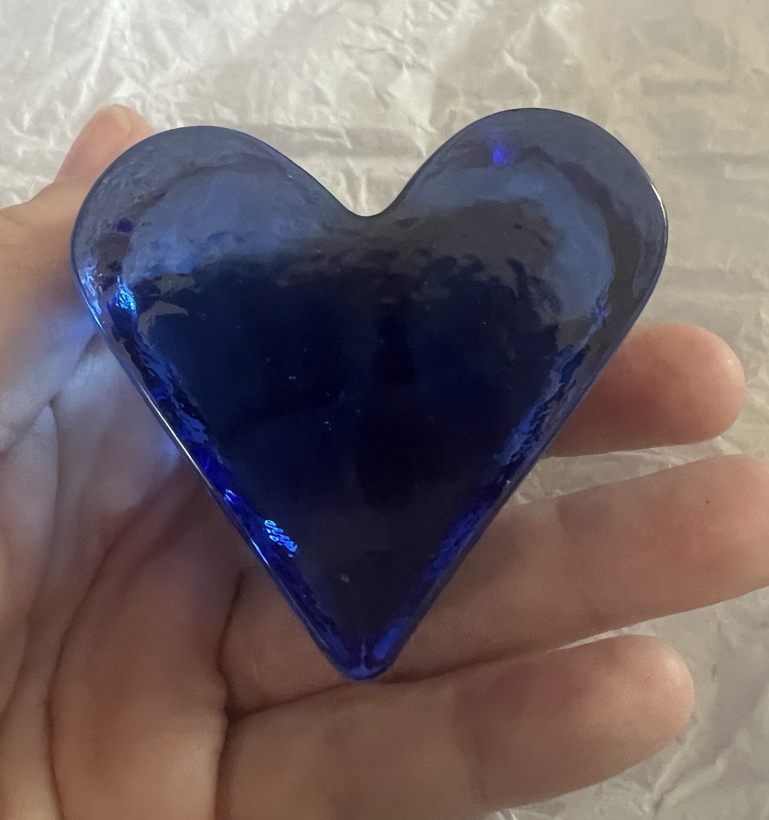 Fire Light Cobalt Blue Heart Recycled Glass Paperweight Vintage, Signed,