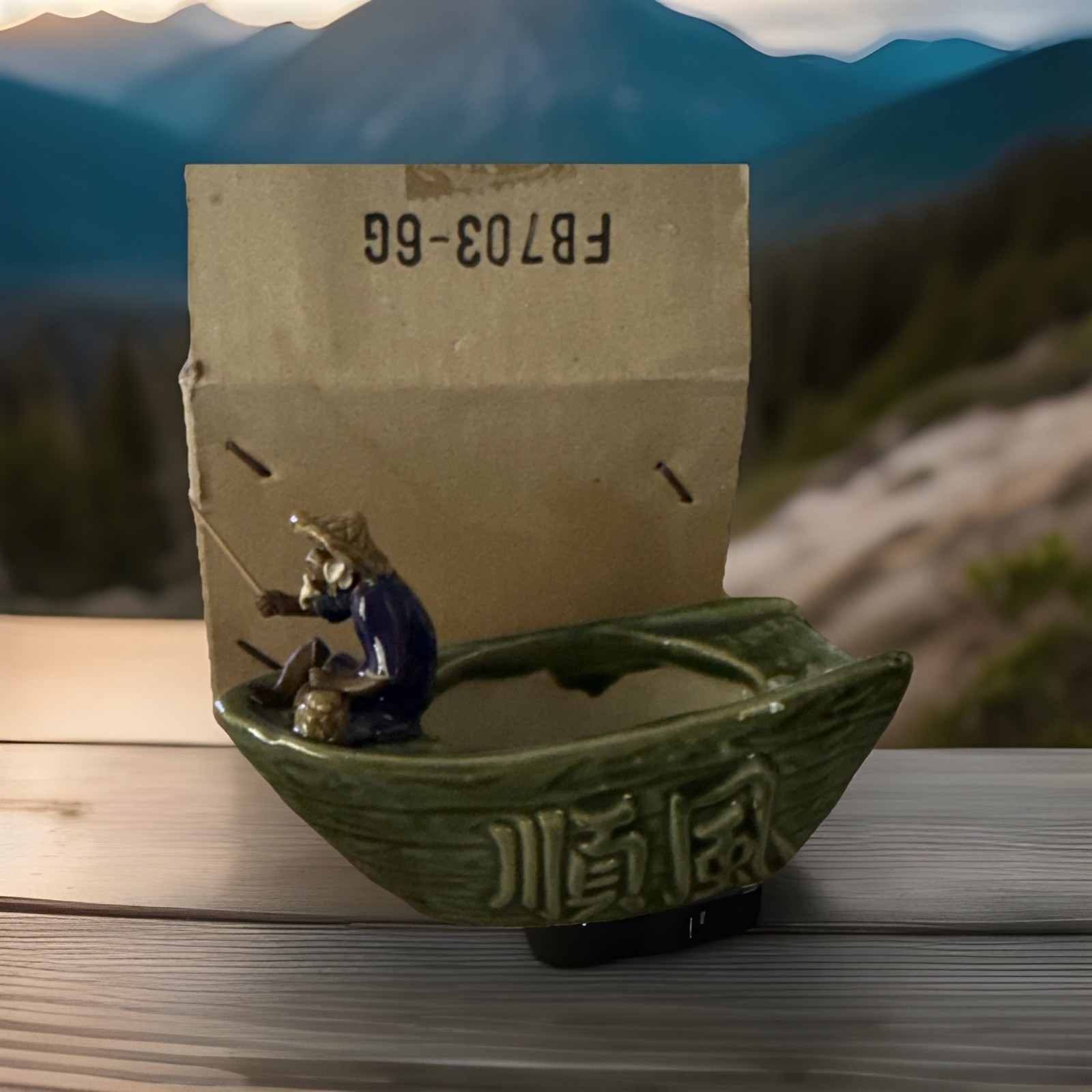 Green Glossy Ceramic Pottery Boar Shape Planter Bowl w/ Fisherman Figurine