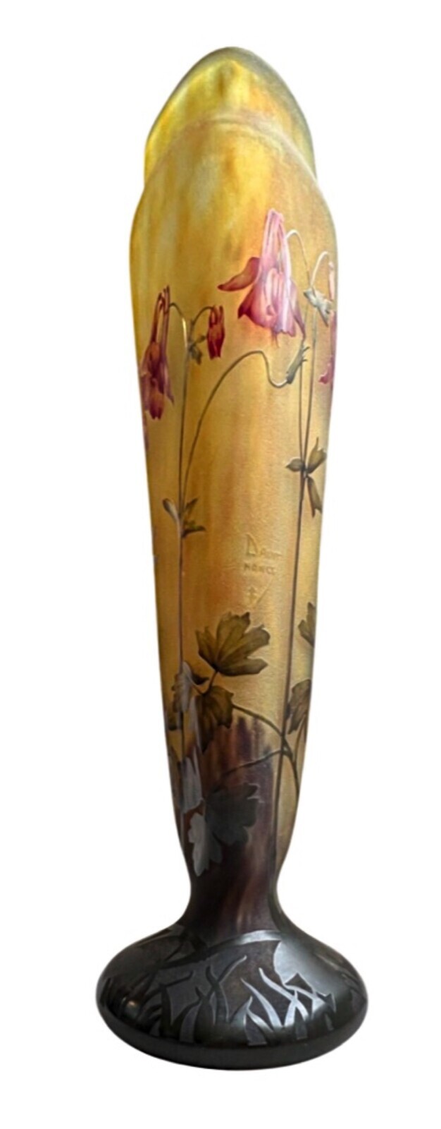 Large, Signed Daum Nancy French Cameo Glass vase – Enamelled Columbine Decor