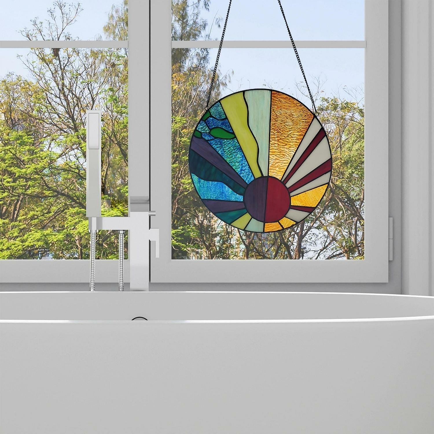 Geometric Rays of Sunshine Round Stained Glass Window Panel Suncatcher 12.75in