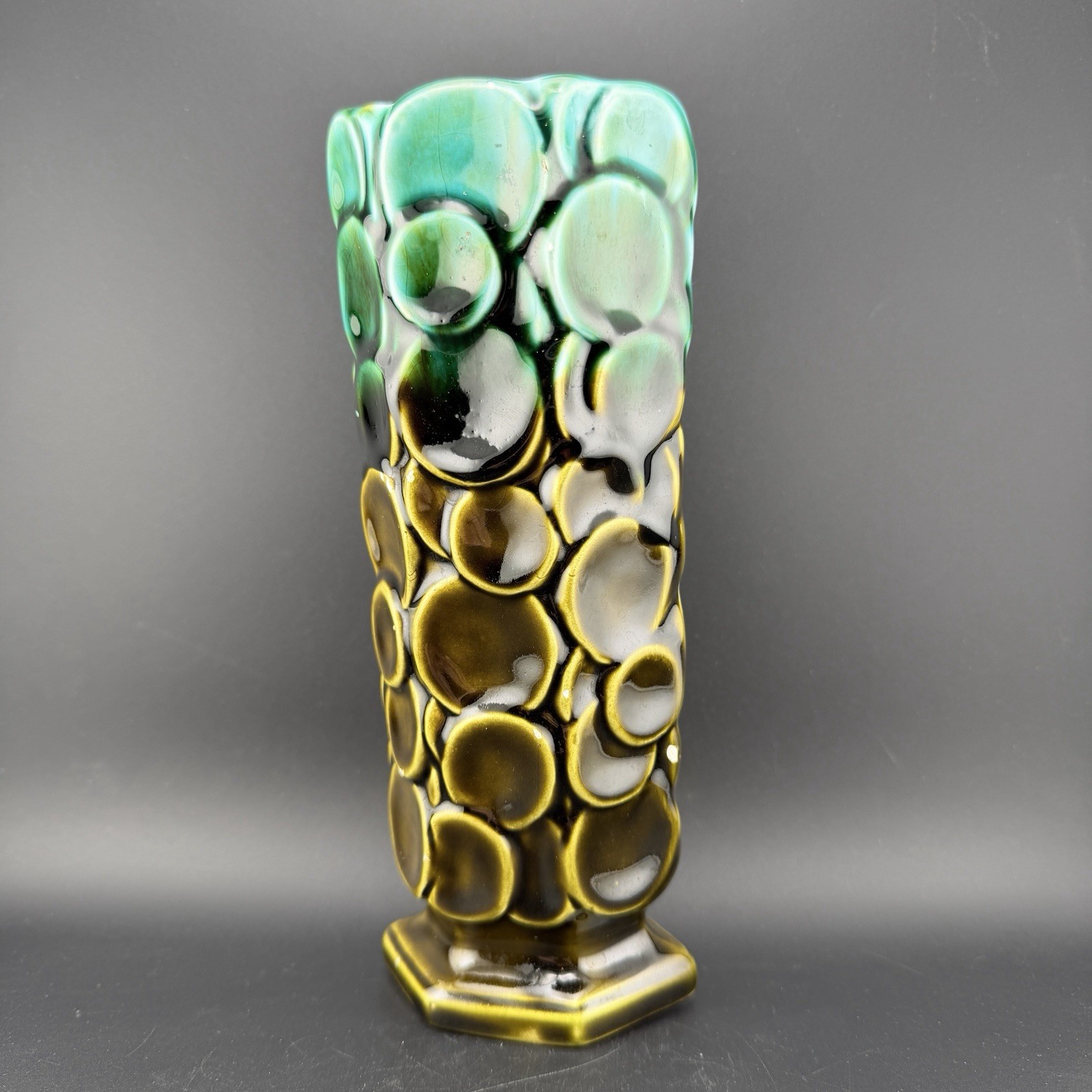 Mid-Century Tilso Hand Painted Green-Brown Ombre Glaze Porcelain Vase Japan 8″