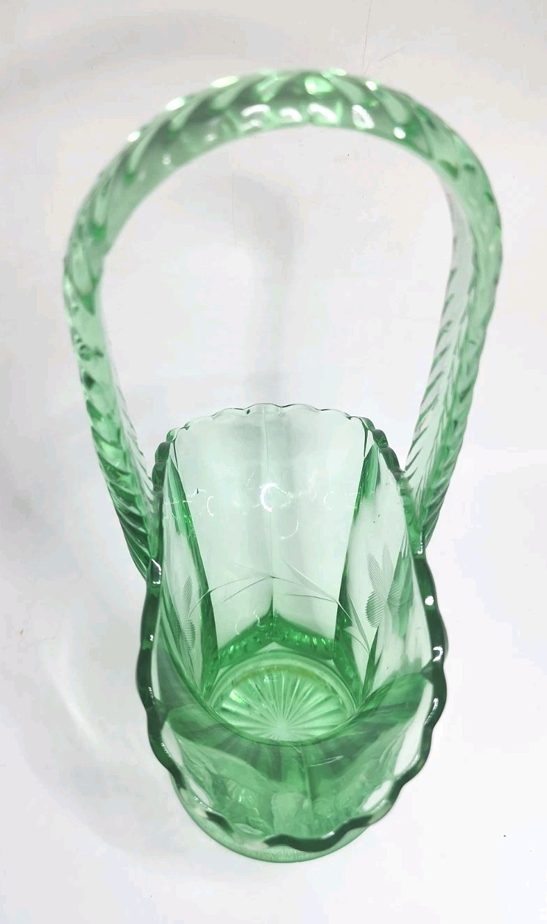 Vintage Green Depression Glass Basket Vase Etched Flower Design 9.5″