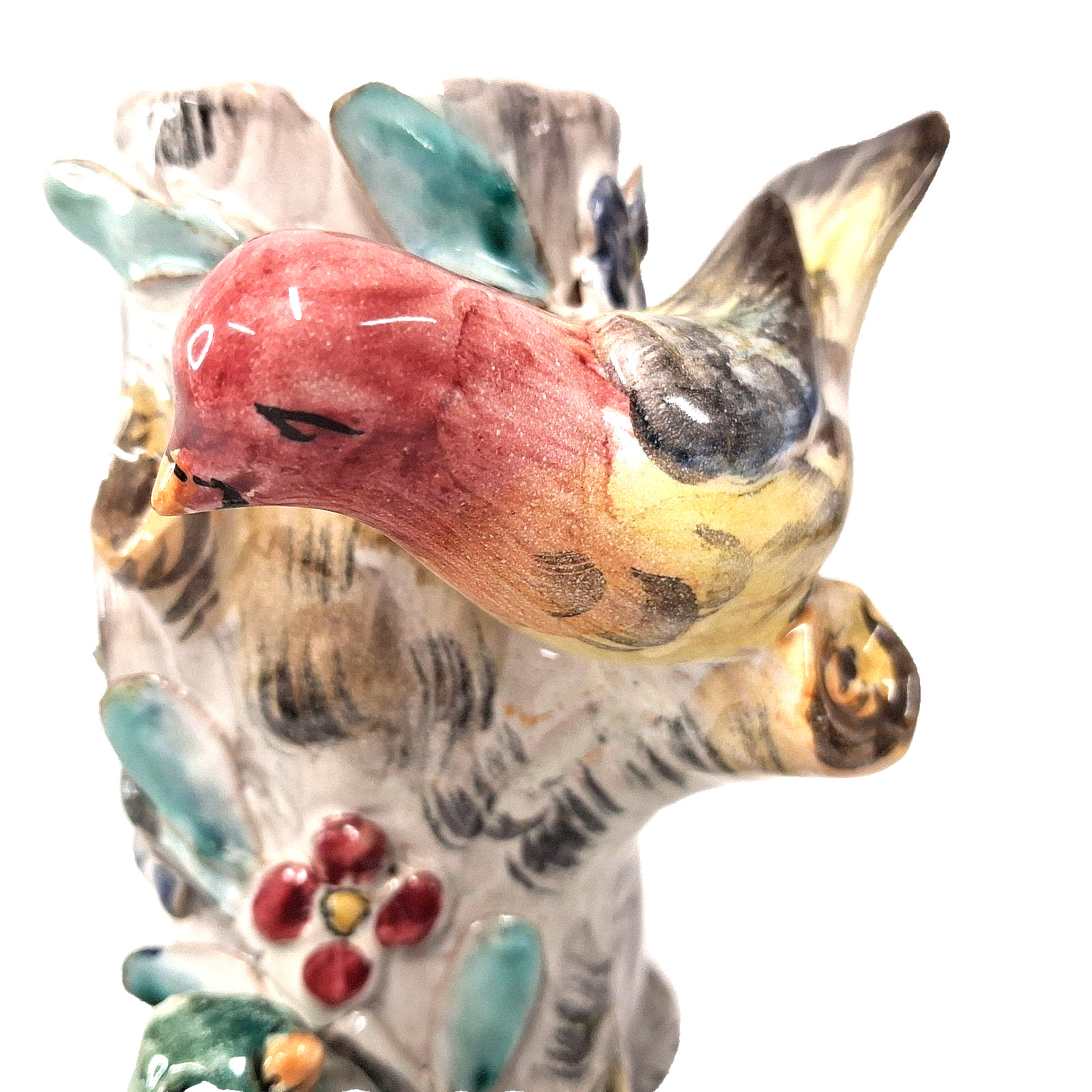 Vintage Hand Painted Bird Tree Trunk Vase Woodland Art Pottery Ceramic Figurine
