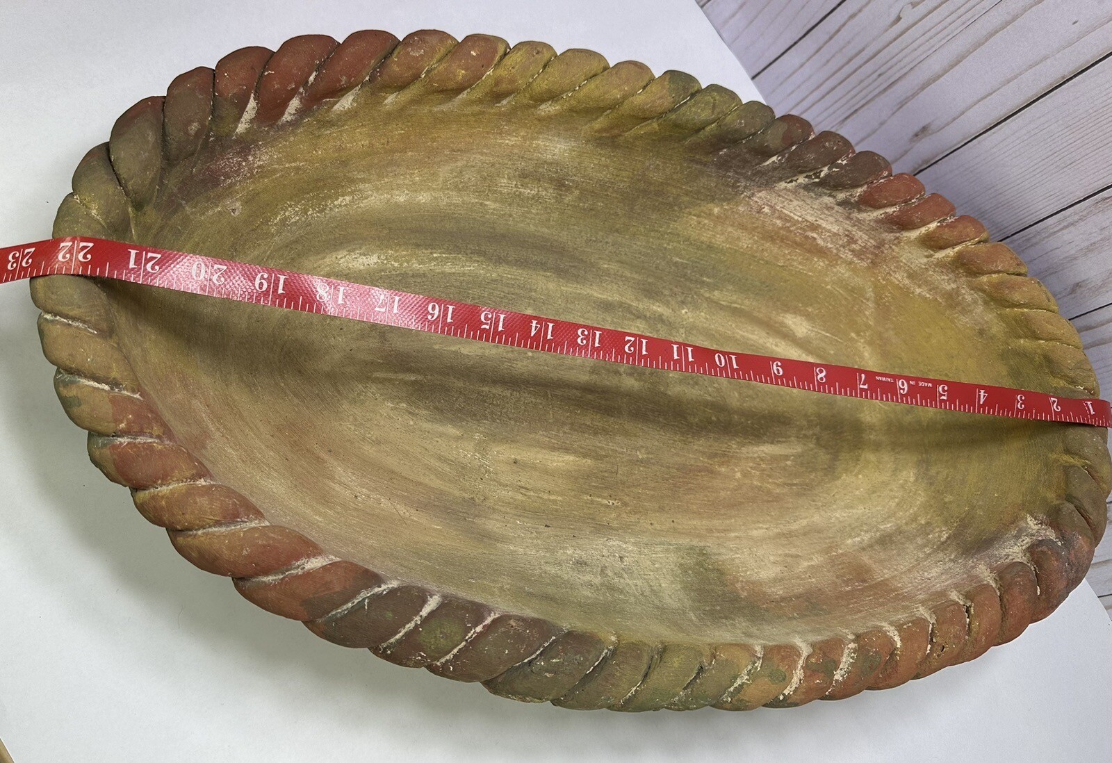 Large Heavy Oval Decorative Terracotta Braided Mixed Fruit Bowl Mexican Folk Art