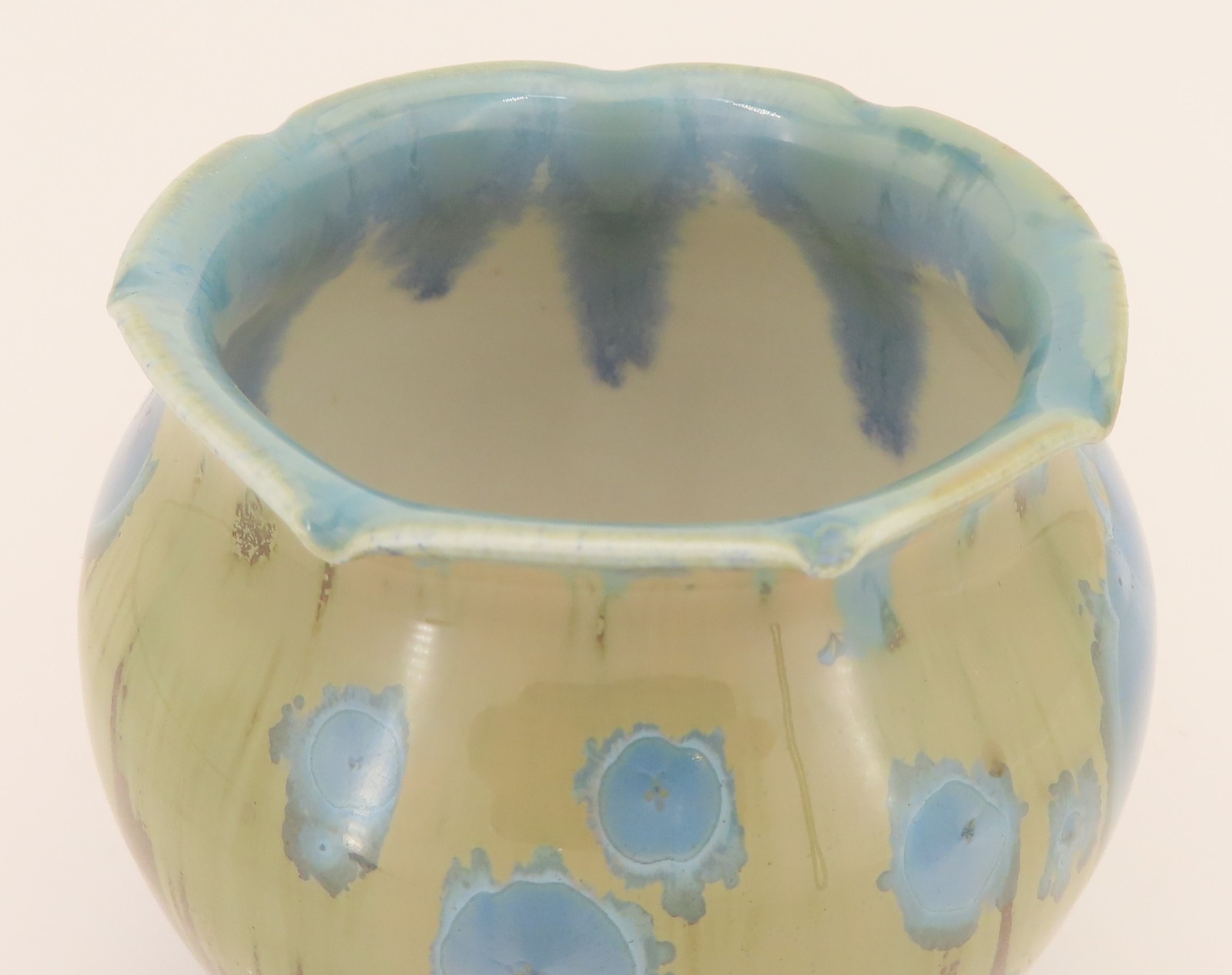 Crystalline Glaze Mini Pottery Vase Jar Blue Crystals Artist Signed 3.25″ High