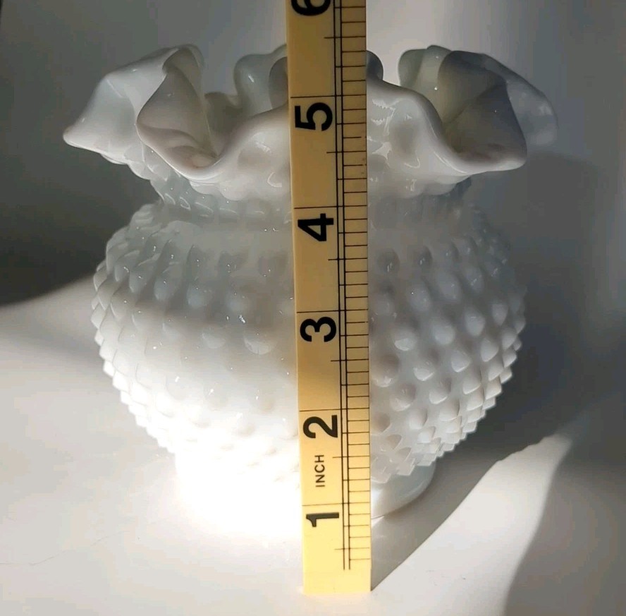 Vintage Large Fenton Milk Glass Hobnail Vase Rose Bowl Ruffled Edge 5.5” Tall