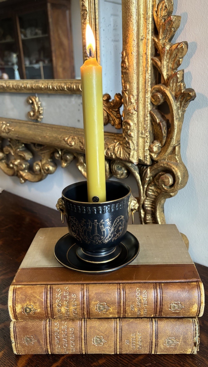 Linwile Ardalt Candle Holder Black & Gold w/ Lion Face Handles #7338 Japan
