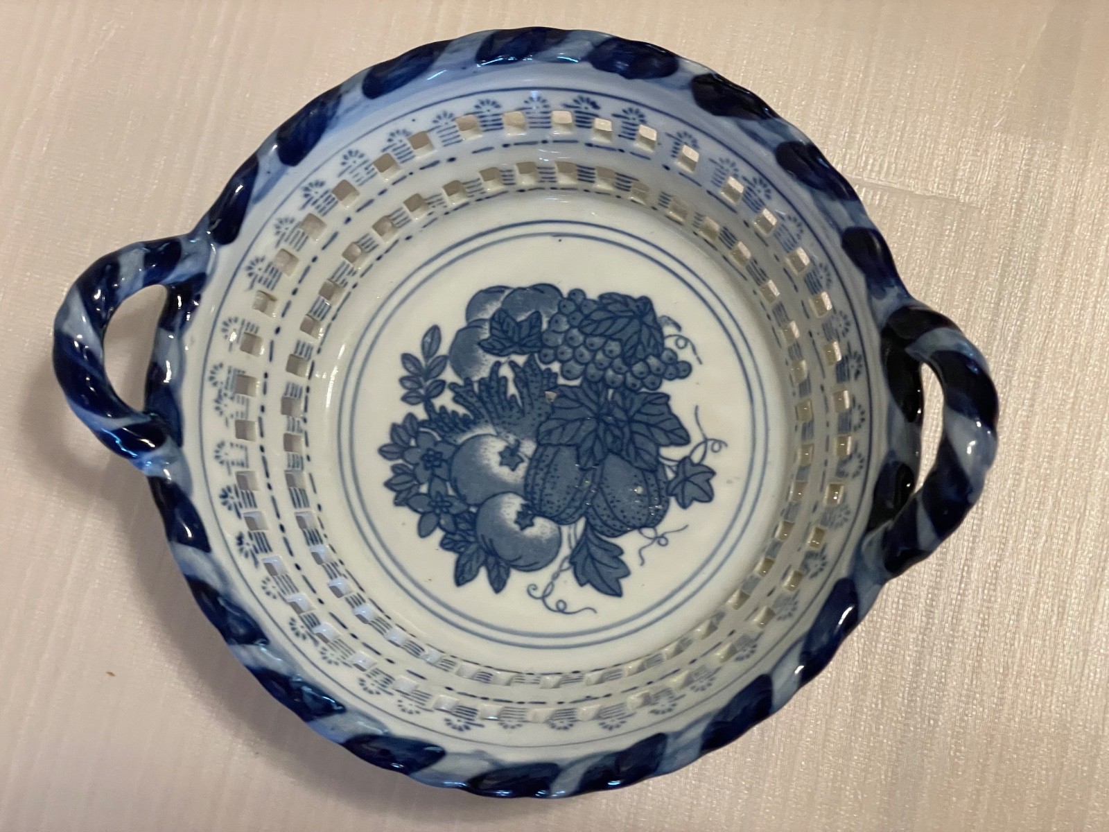 Ceramic Bowl Basket Lattice Fruit With Handles White Blue 8 Inch 64