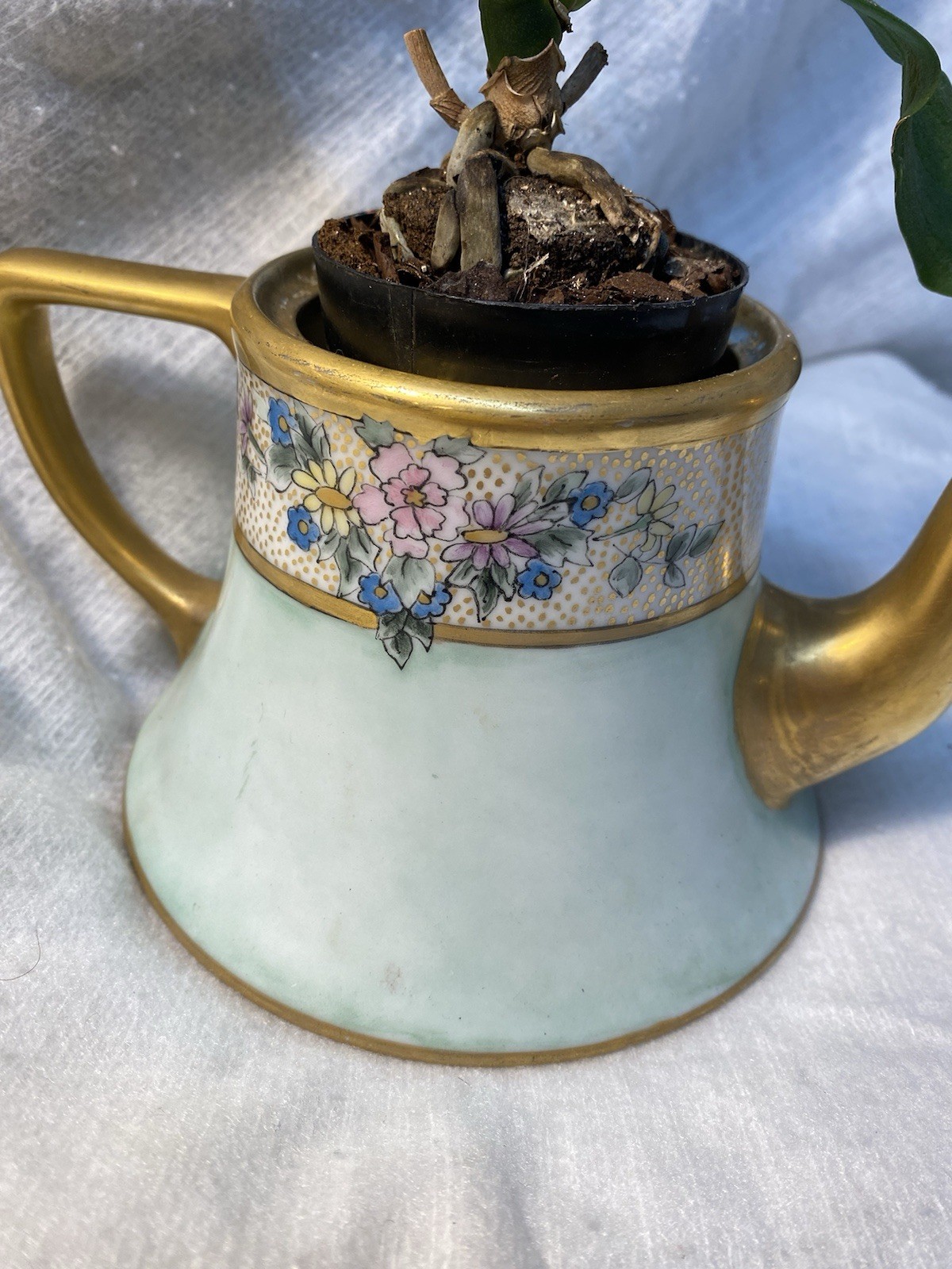 Neo Deco Teapot Vintage Hand Painted Mint Gold Floral Bavarian Porcelain No Lid