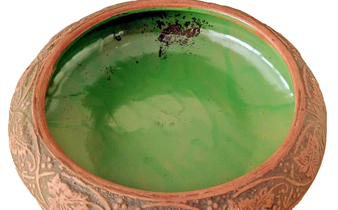 ANTIQUE RED WING BRUSHWARE GRAPE LEAF BULB BOWL PLANTER ARTS CRAFTS POTTERY 10in
