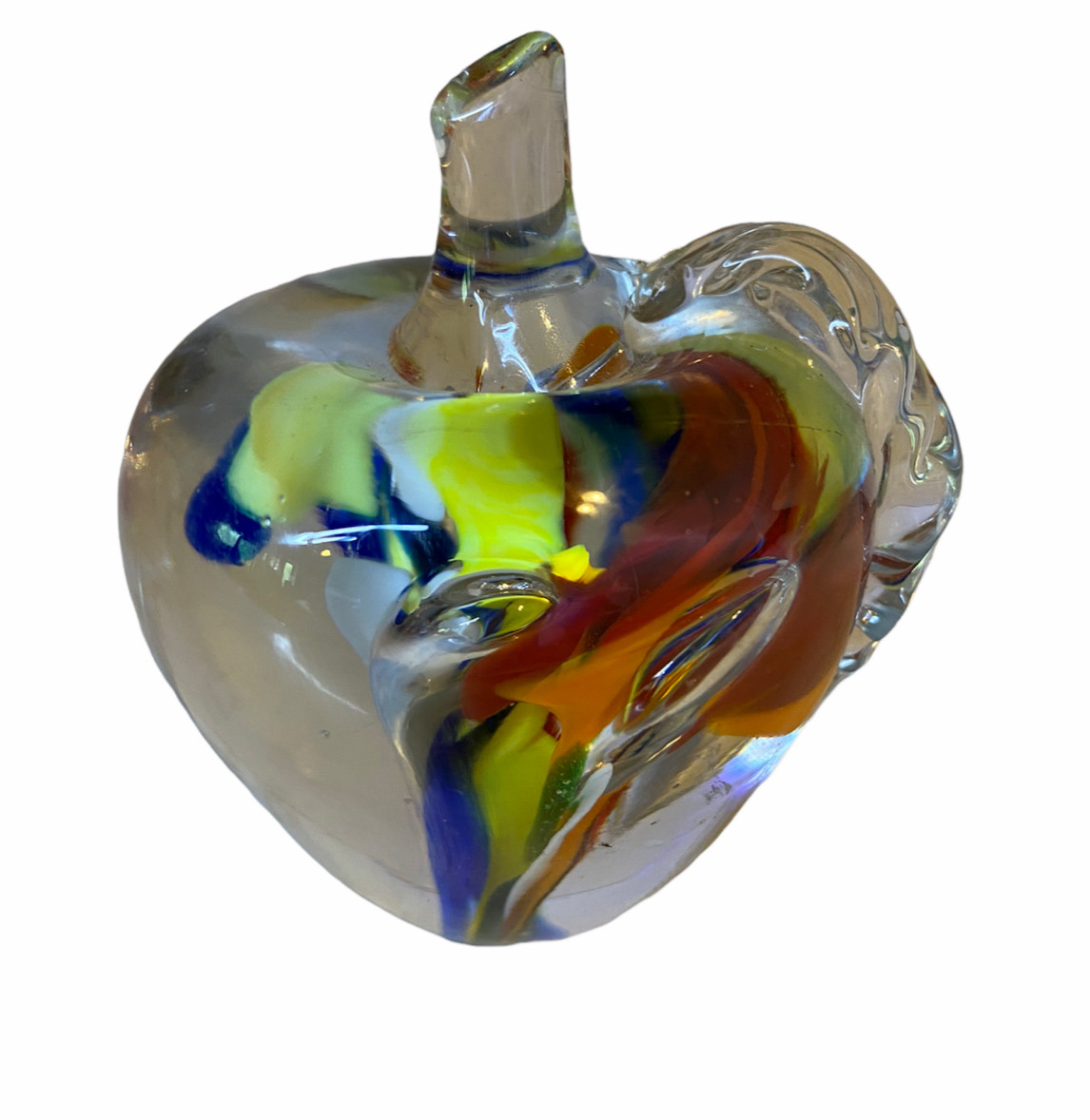 Art Glass Apple Shaped Paper Weight Multicolor 2 3/4 inches tall